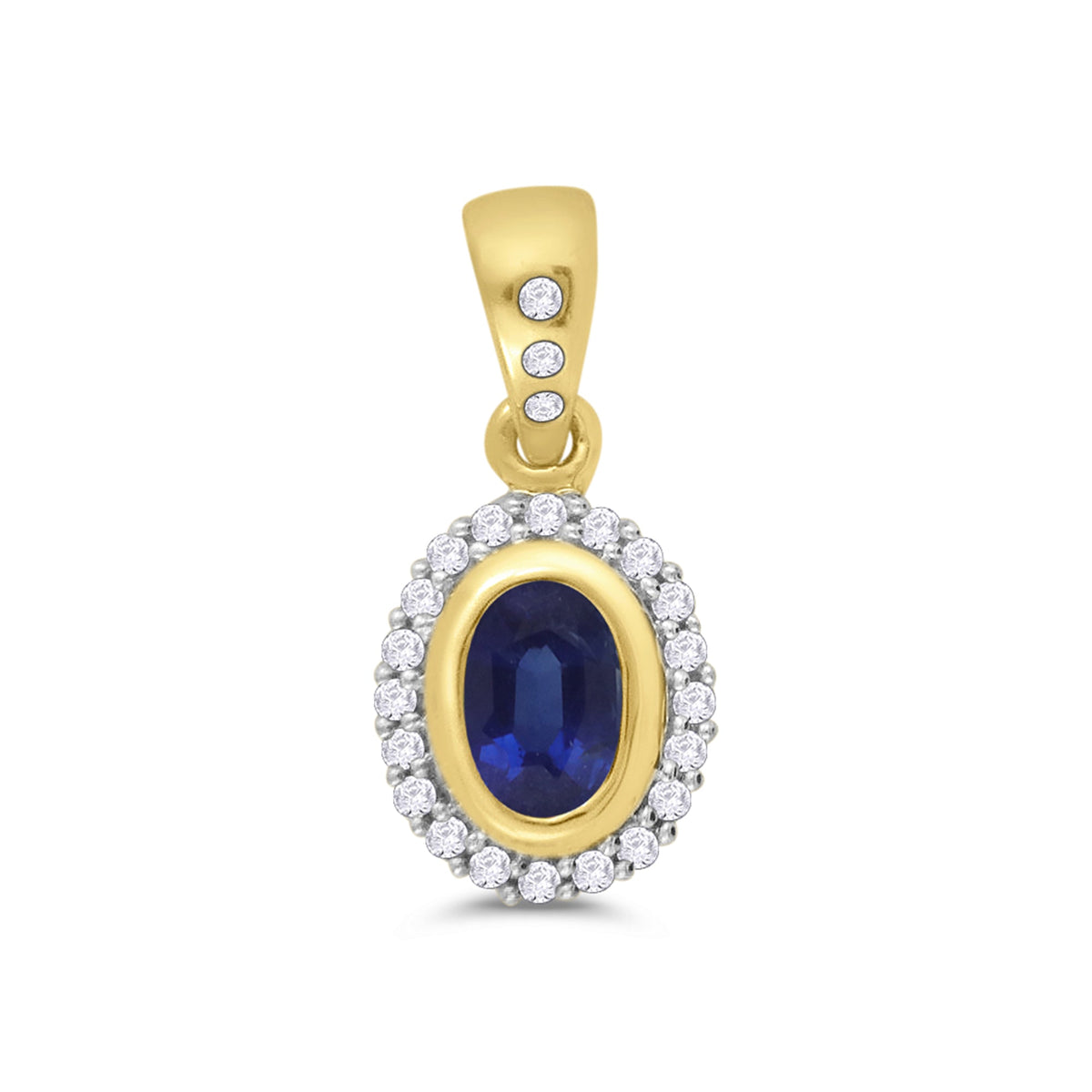 9ct gold 6x4mm rub over set oval sapphire &amp; diamond cluster pendant with diamond set bale 0.12ct