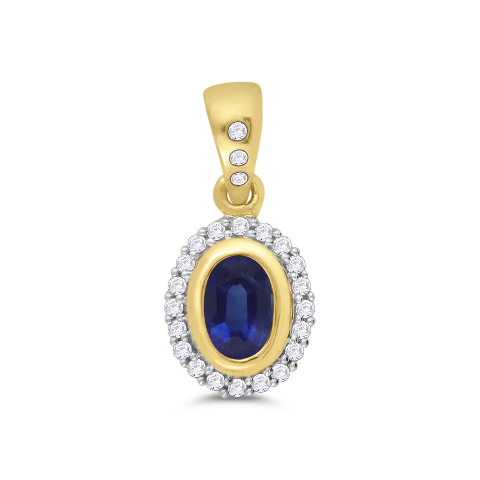 9ct gold 6x4mm rub over set oval sapphire & diamond cluster pendant with diamond set bale 0.12ct