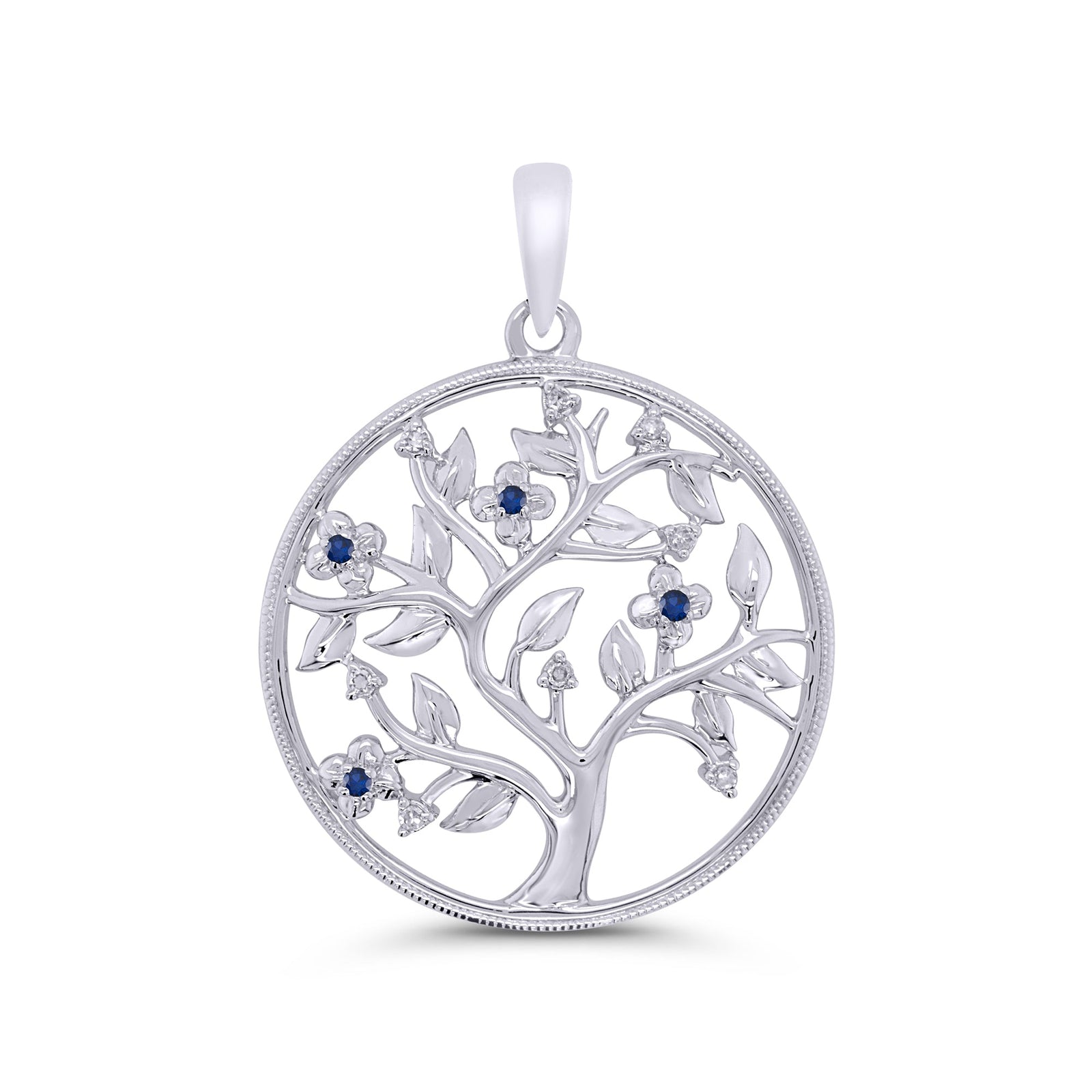 9ct white gold sapphire & diamond tree of life 23mm pendant 0.05ct