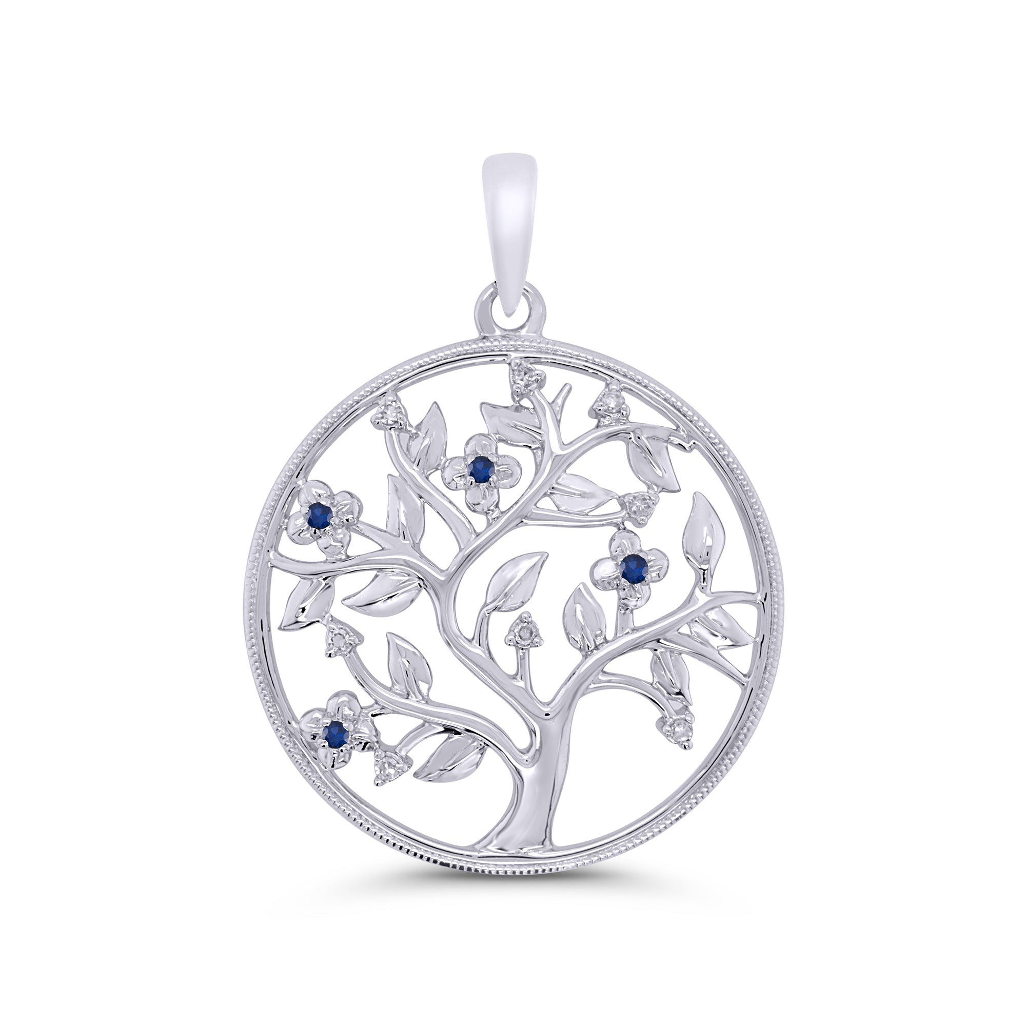 9ct white gold sapphire & diamond tree of life 23mm pendant 0.05ct