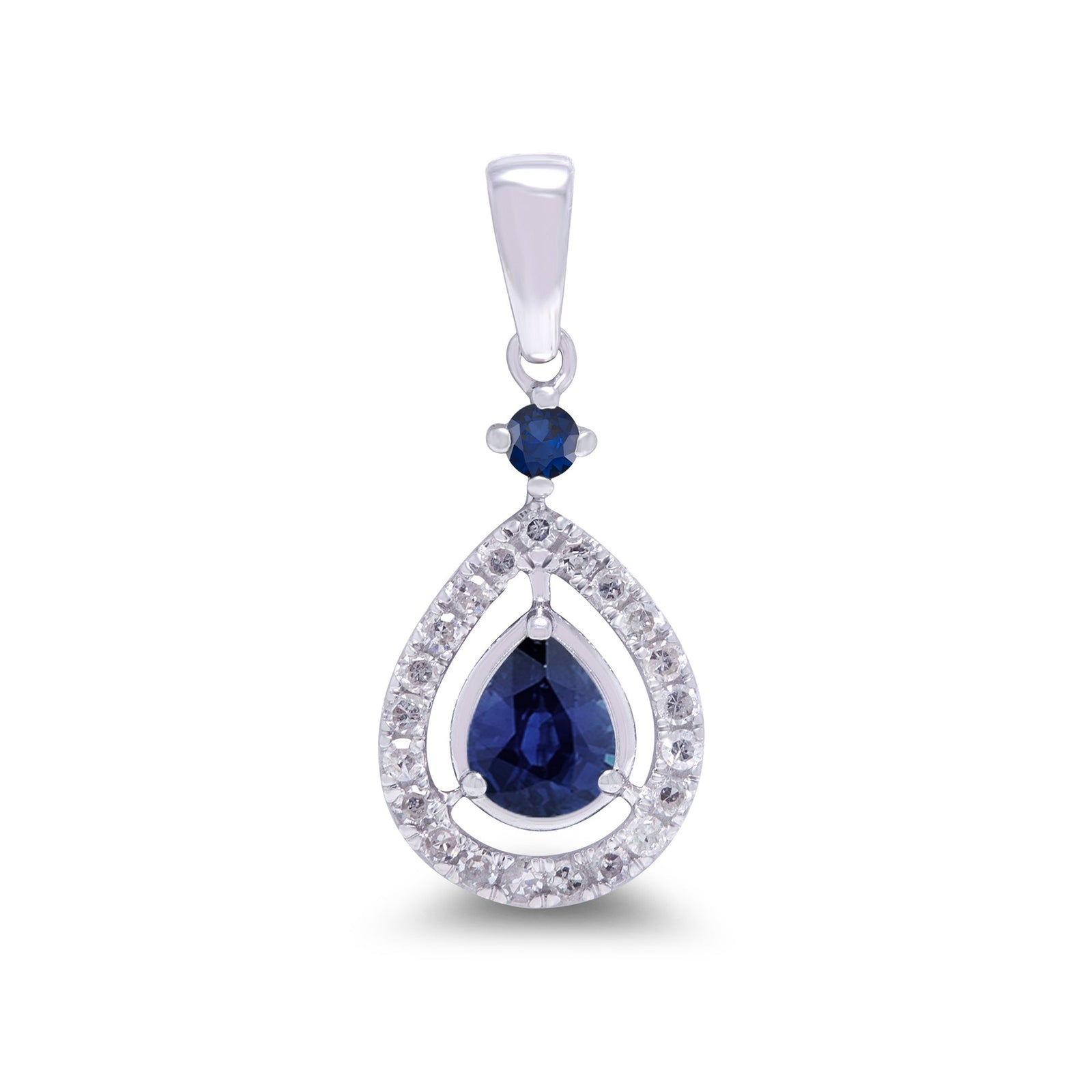9ct gold 5x4mm pear shape sapphire & 2.00mm round ruby & diamond pendant 0.12ct