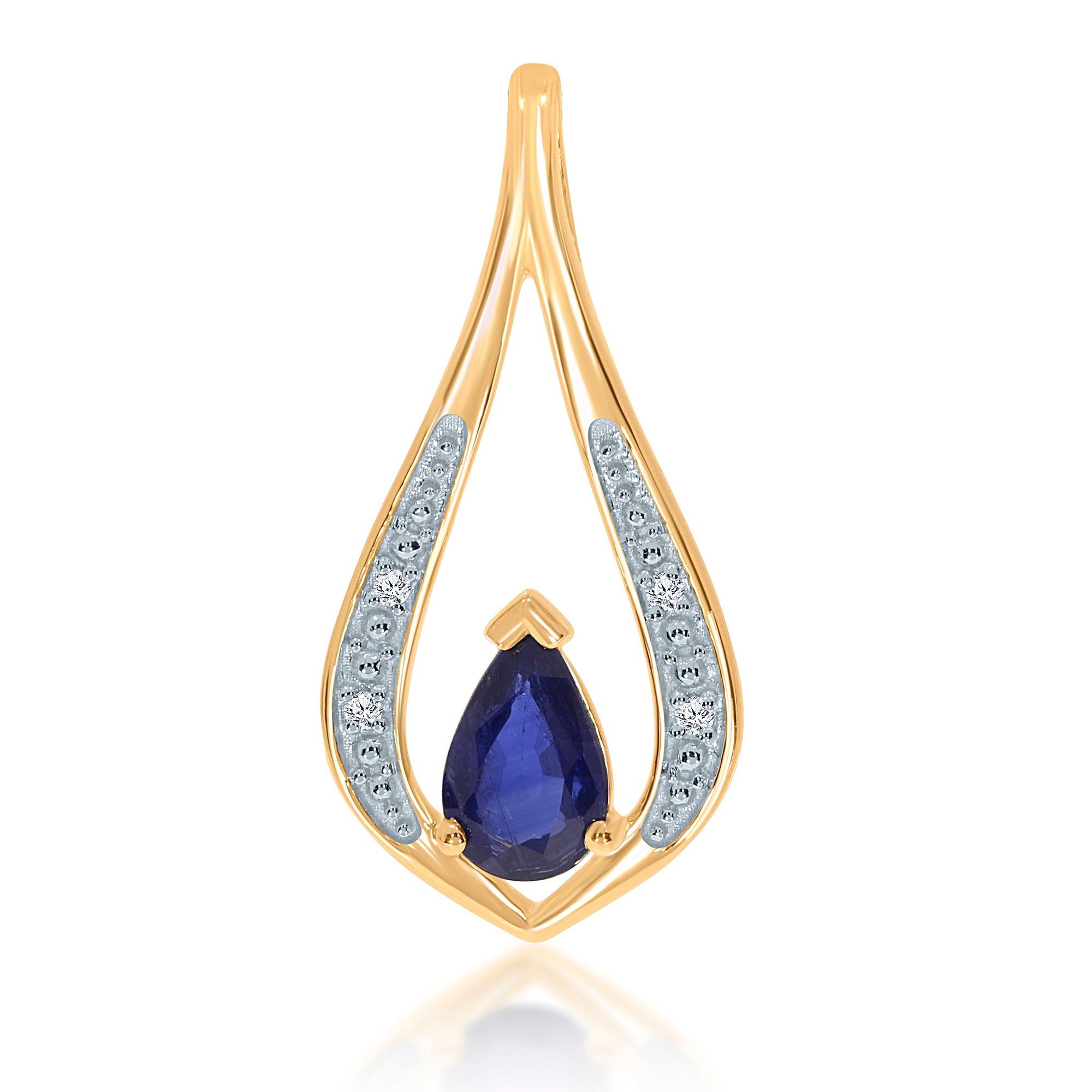 9ct gold 6x4mm pear shape sapphire & diamond long pendant 0.01ct