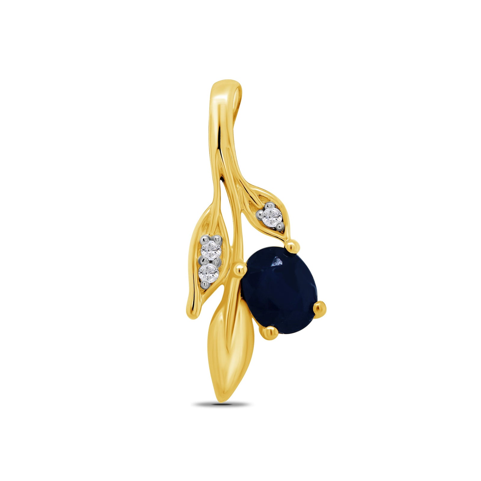 9ct gold 5x4mm oval sapphire & diamond set leaf pendant 0.02ct