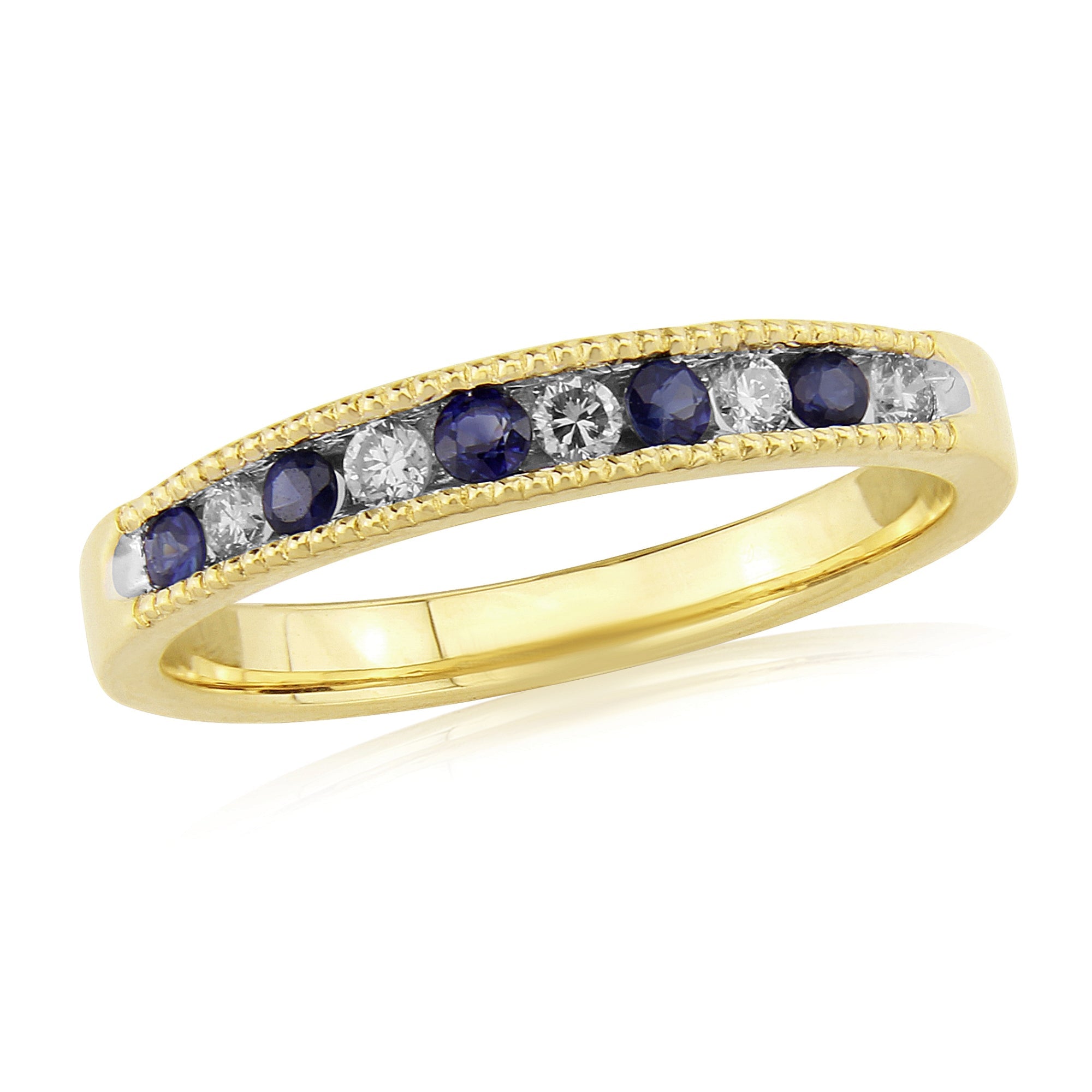 9ct white gold 2mm round machine cut milgrain edge sapphire & diamond half eternity ring 0.13ct