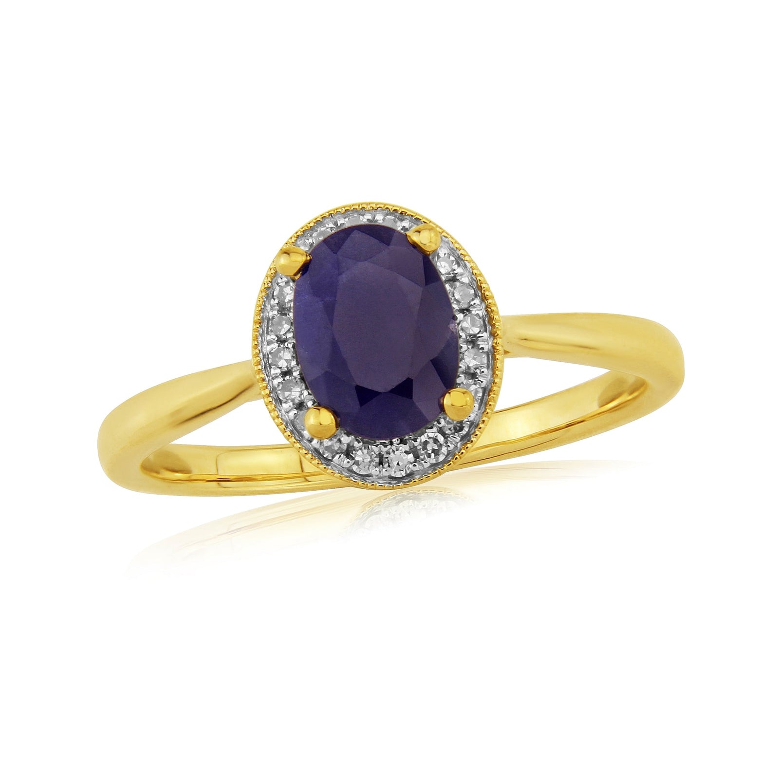 9ct gold 7x5mm oval sapphire & diamond cluster ring 0.07ct