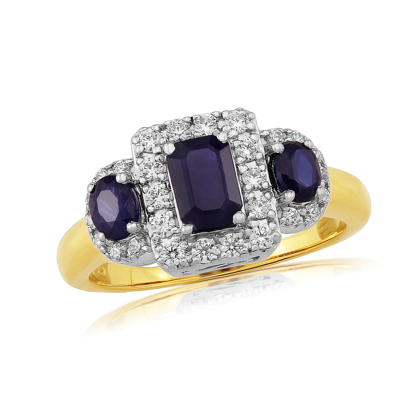 9ct gold triple sapphire (Em 6x4mm & Ov 4x3mm) & diamond cluster ring 0.27ct