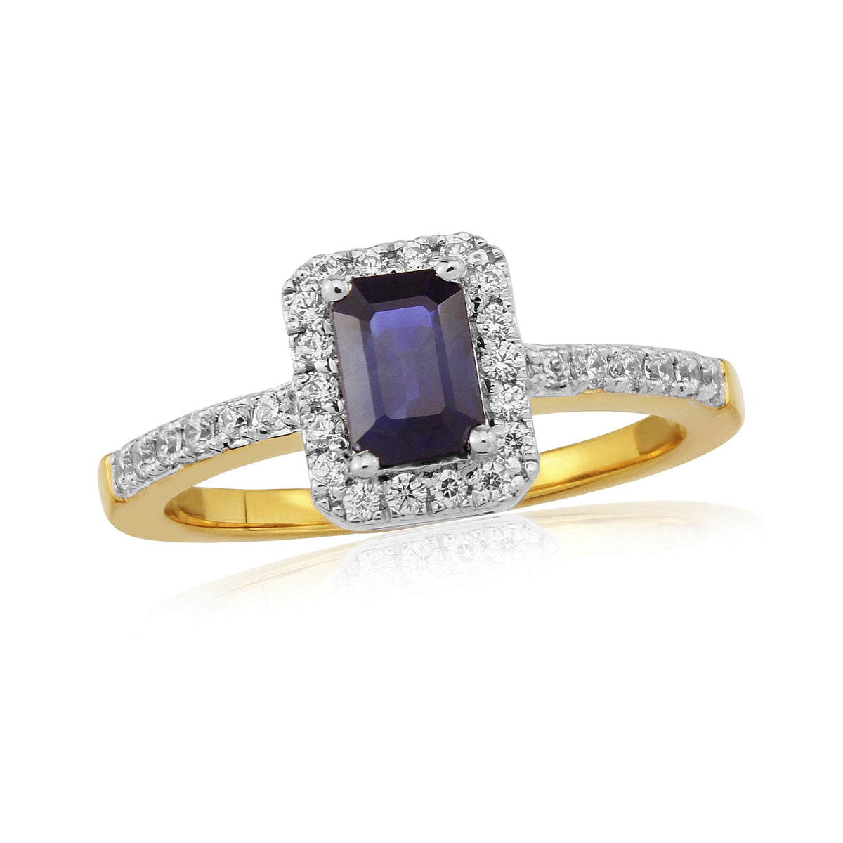 9ct gold 6x4mm octagon cut sapphire &amp; diamond cluster ring 0.23ct