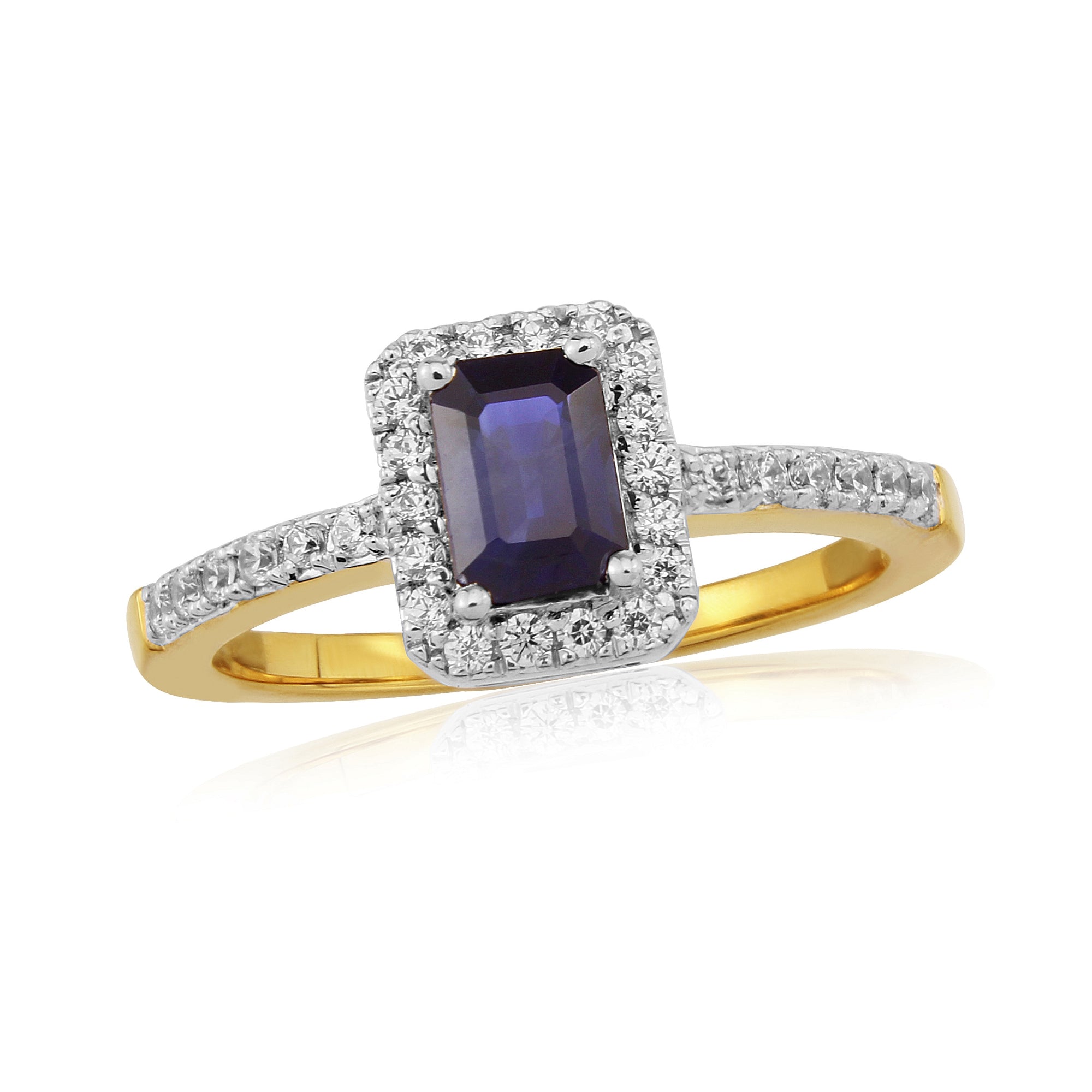 9ct gold 6x4mm octagon cut sapphire & diamond cluster ring 0.23ct