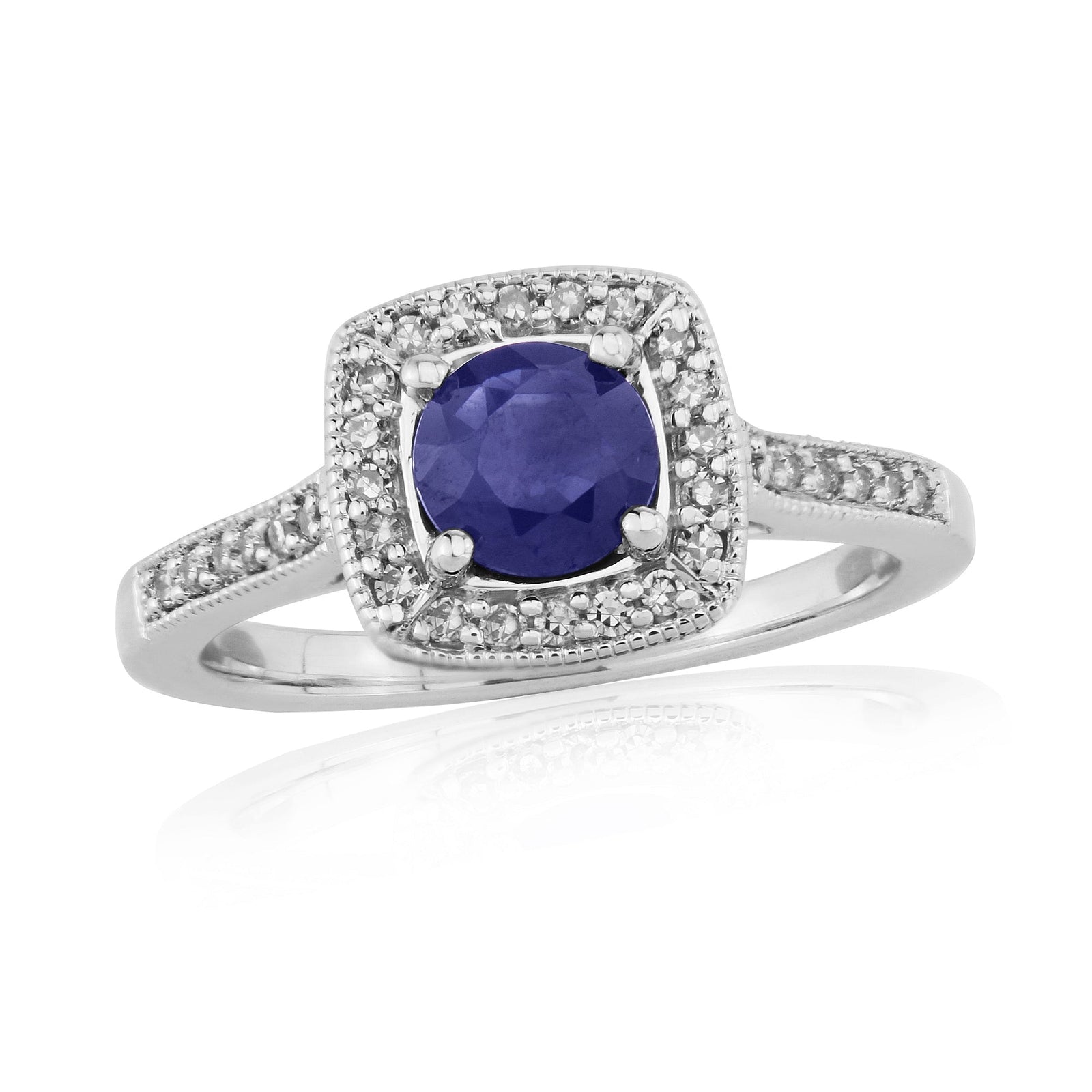 9ct white gold 5mm round sapphire & diamond cluster ring with diamond set shoulders 0.17ct