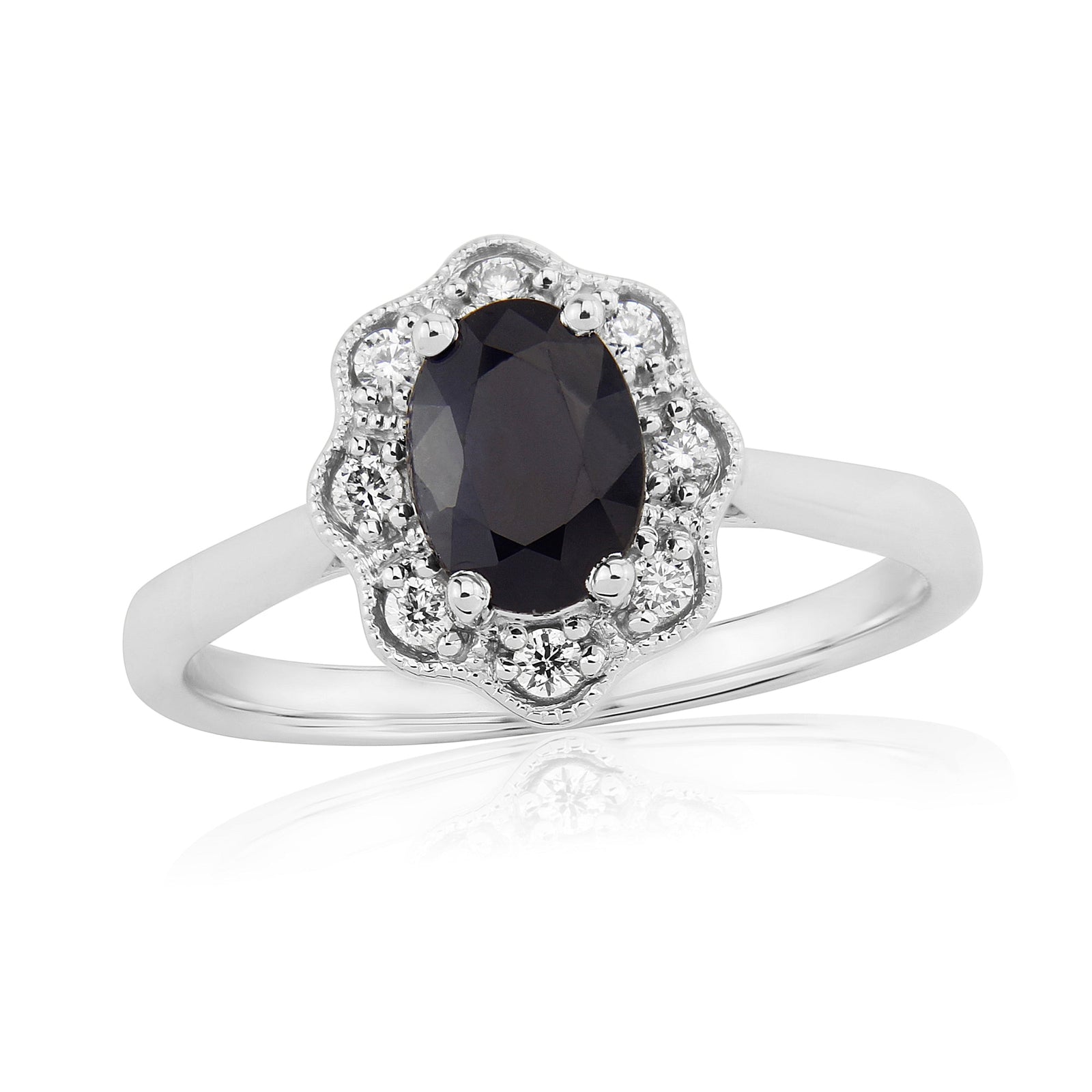 9ct white gold 7x5mm oval sapphire & diamond cluster ring 0.11ct