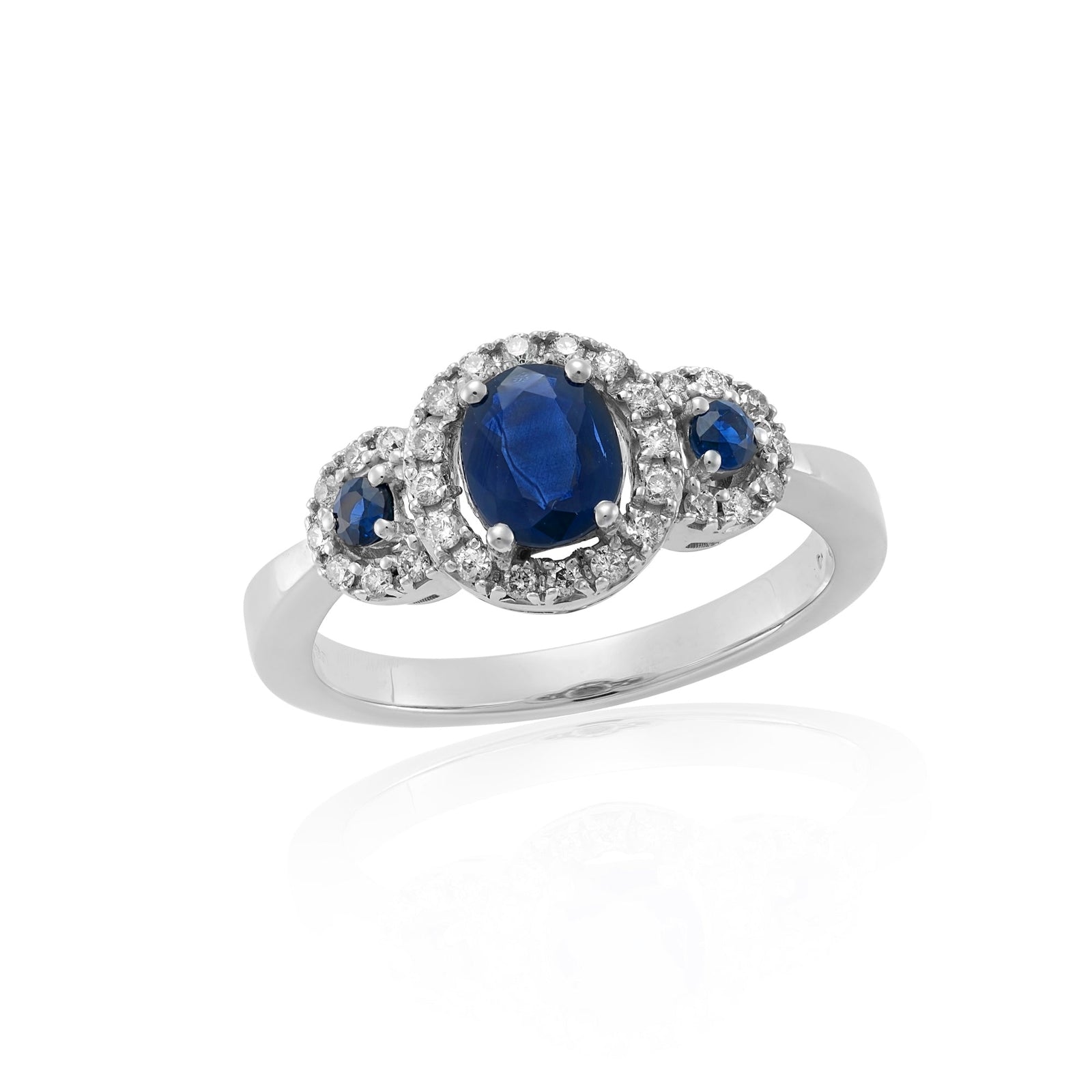 9ct white gold triple sapphire (Ov 6x5mm & Rd 2.25mm) & diamond cluster ring 0.21ct