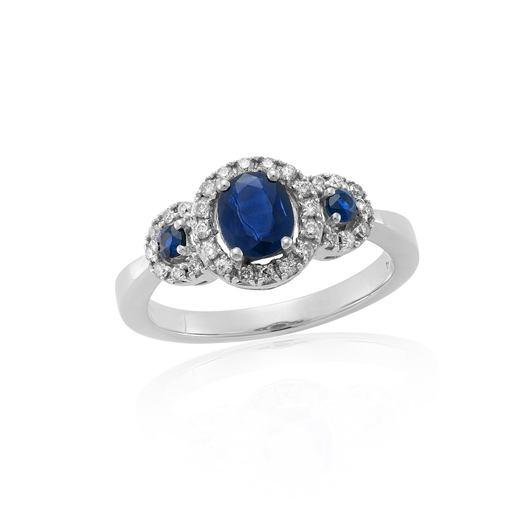 9ct white gold triple sapphire (Ov 6x5mm & Rd 2.25mm) & diamond cluster ring 0.21ct