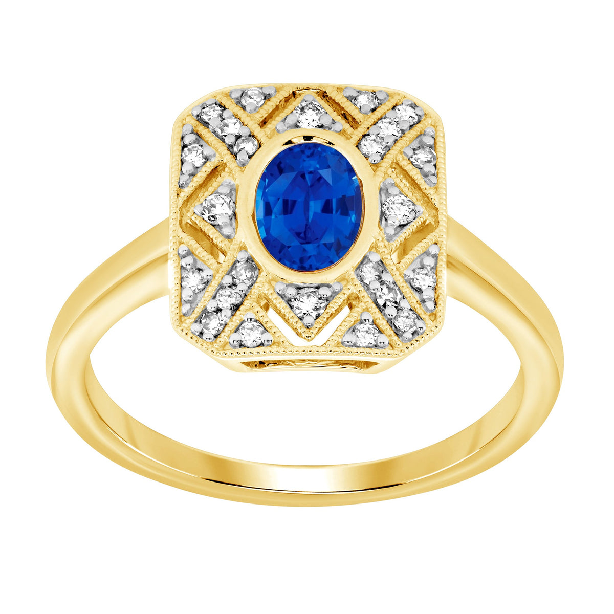 9ct gold 7x5mm oval sapphire &amp; diamond antique style ring 0.17ct