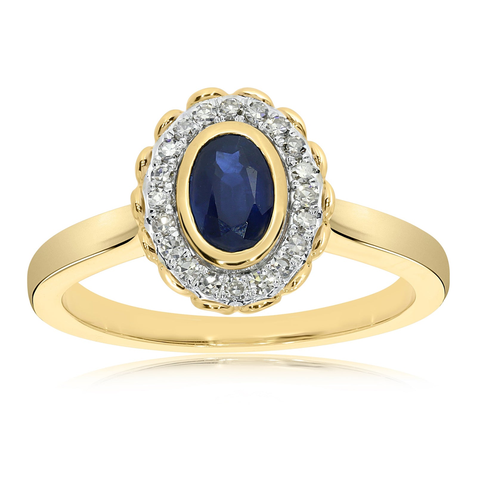9ct gold 6x4mm oval sapphire & diamond cluster ring 0.13ct