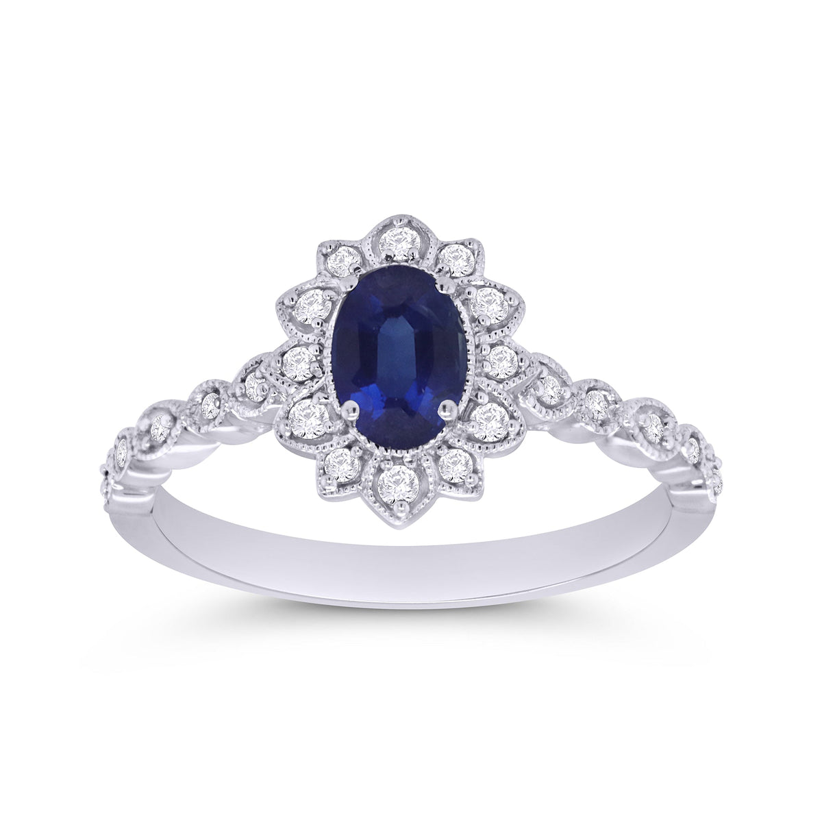 9ct white gold 6x4mm oval sapphire &amp; diamond cluster ring with diamond set shoulders 0.15ct