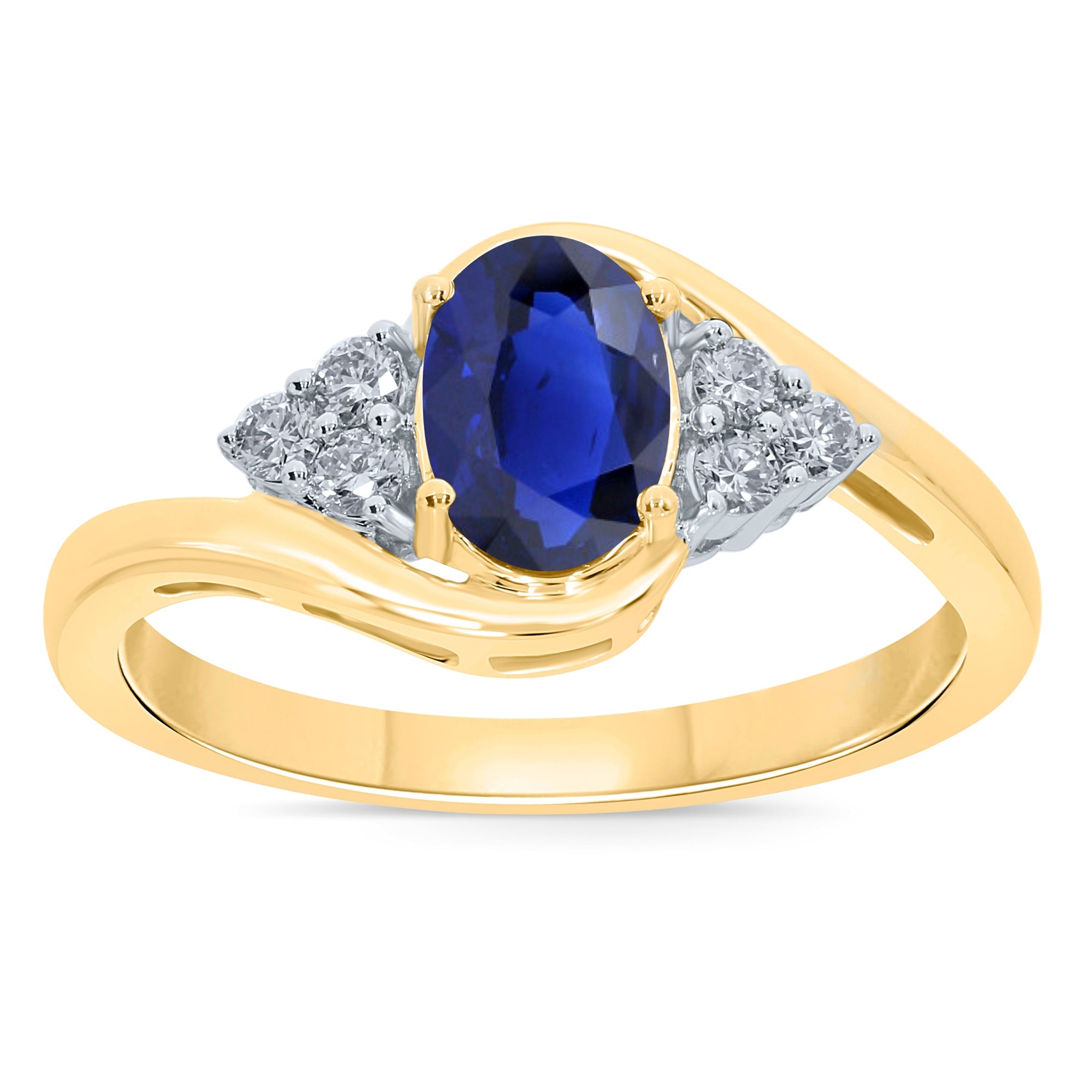 9ct gold 7x5mm oval sapphire & triple diamond shoulder cross-over ring 0.15ct