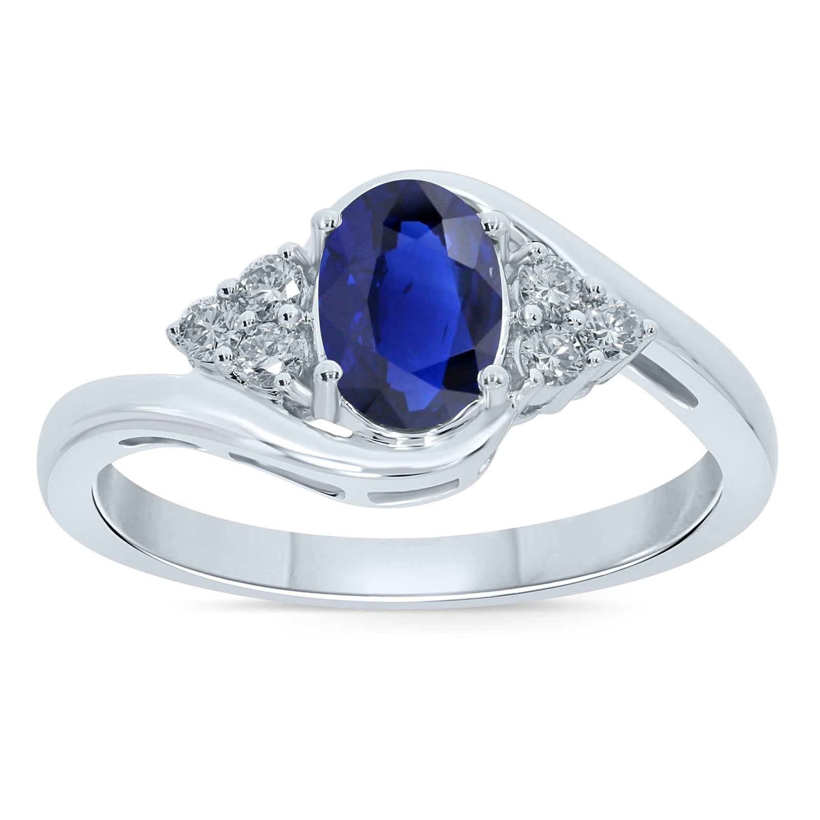 9ct white gold 7x5mm oval sapphire & triple diamond shoulder cross-over ring 0.15ct