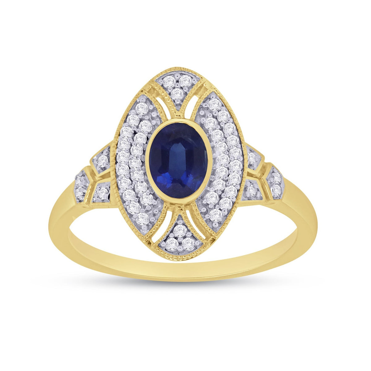 9ct gold 6x4mm oval sapphire &amp; antique style diamond cluster ring 0.18ct