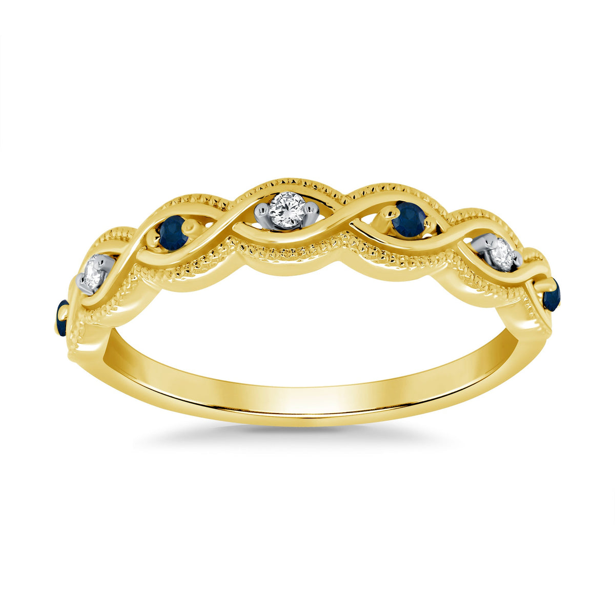 9ct gold sapphire &amp; diamond milgrain edge swirl half eternity ring 0.04ct