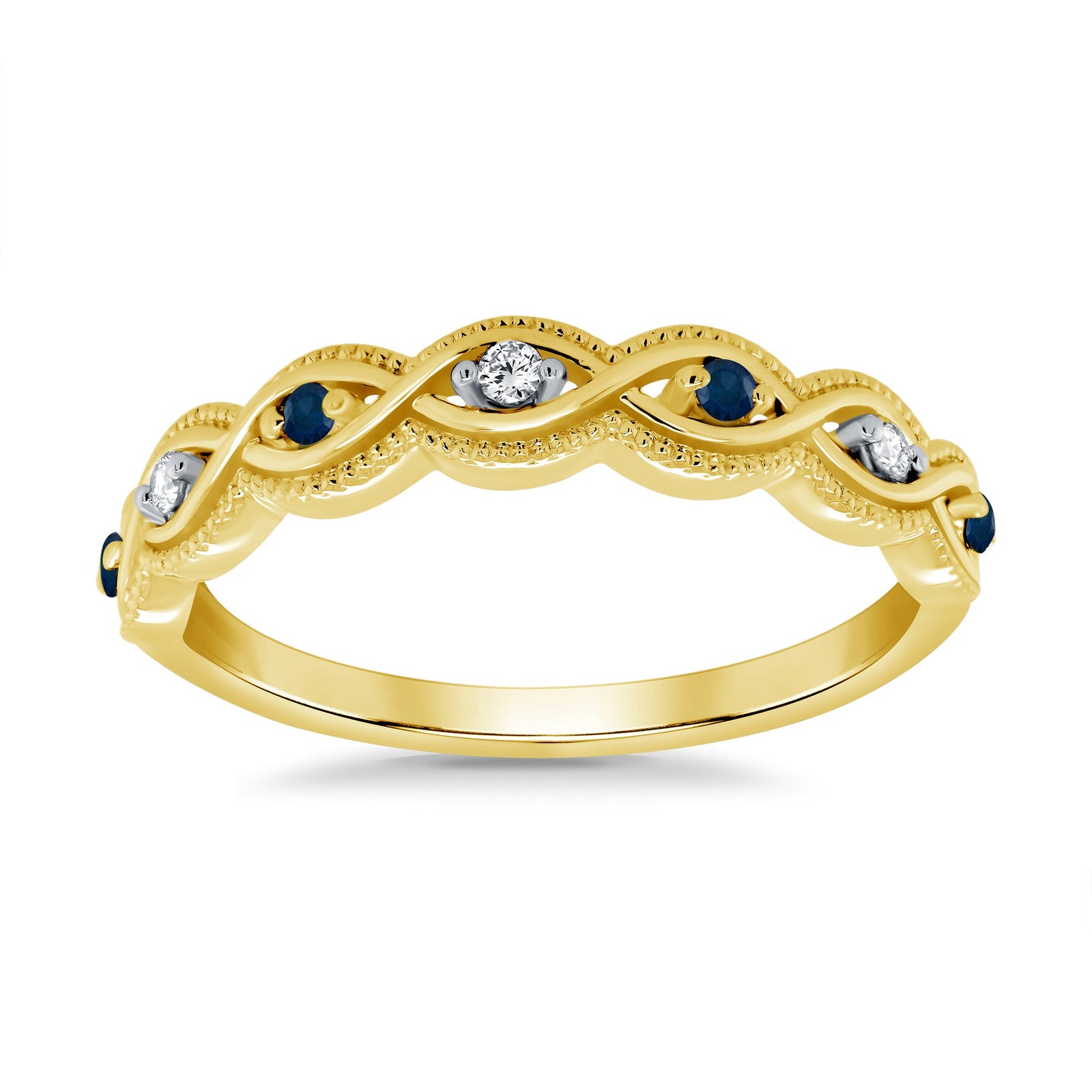 9ct gold sapphire & diamond milgrain edge swirl half eternity ring 0.04ct