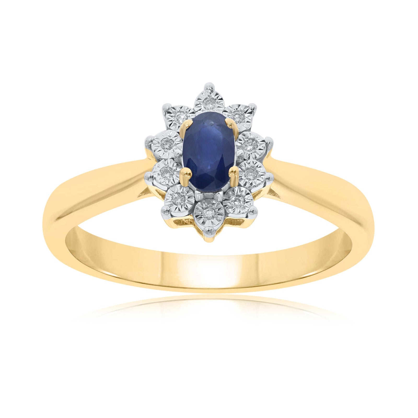 9ct gold 5x3mm oval sapphire & miracle plate diamond cluster ring 0.03ct