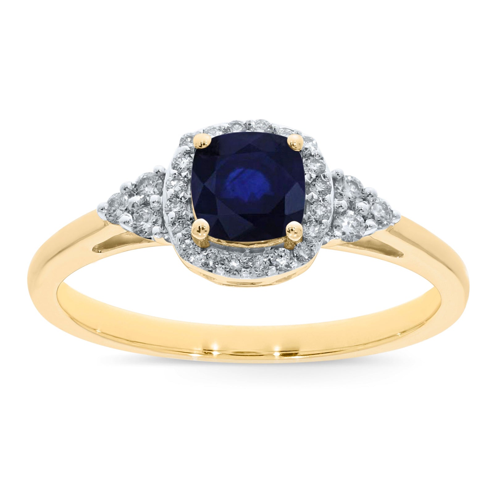 9ct gold 5mm cushion shape sapphire & diamond ring 0.15ct