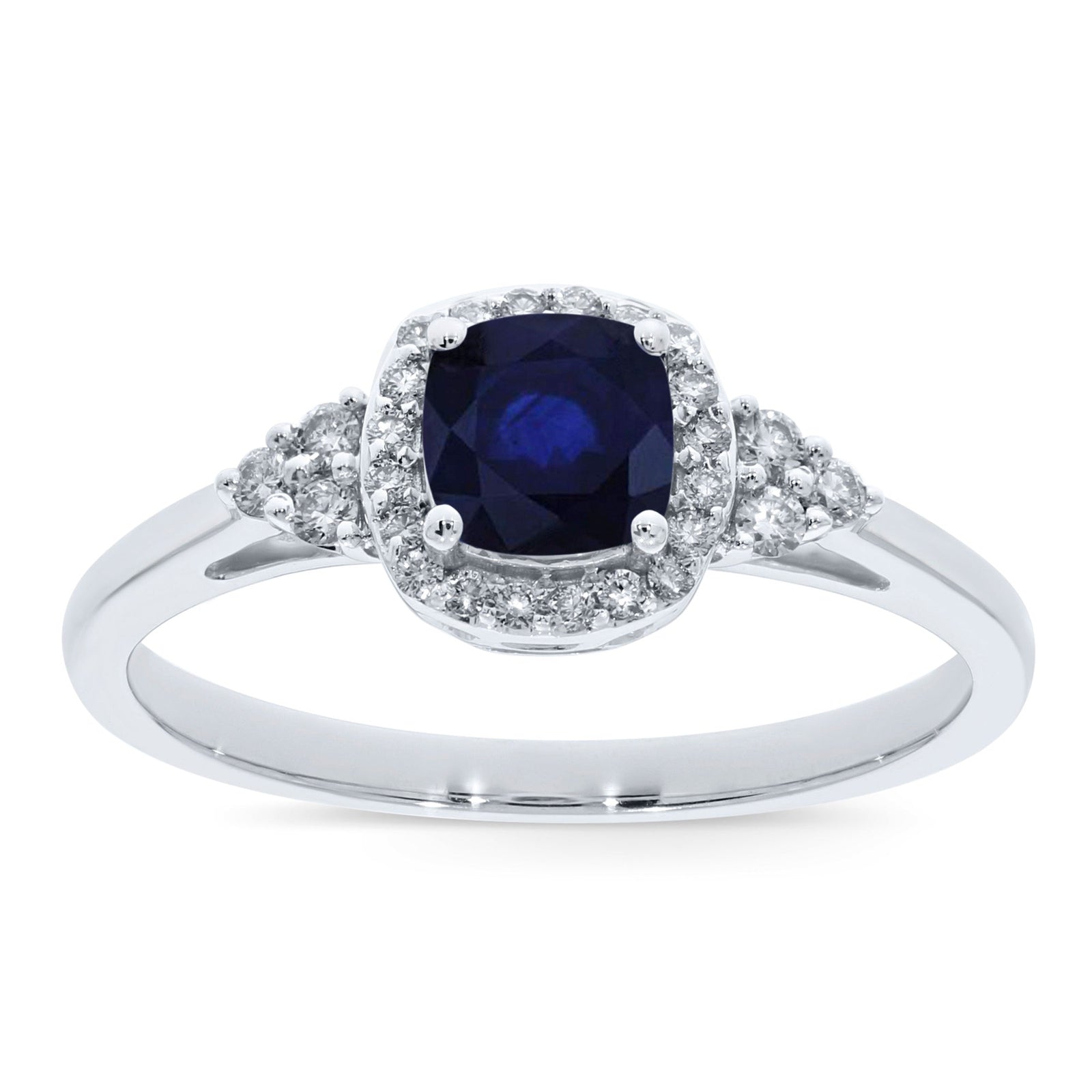 9ct white gold 5mm cushion shape sapphire & diamond ring 0.15ct