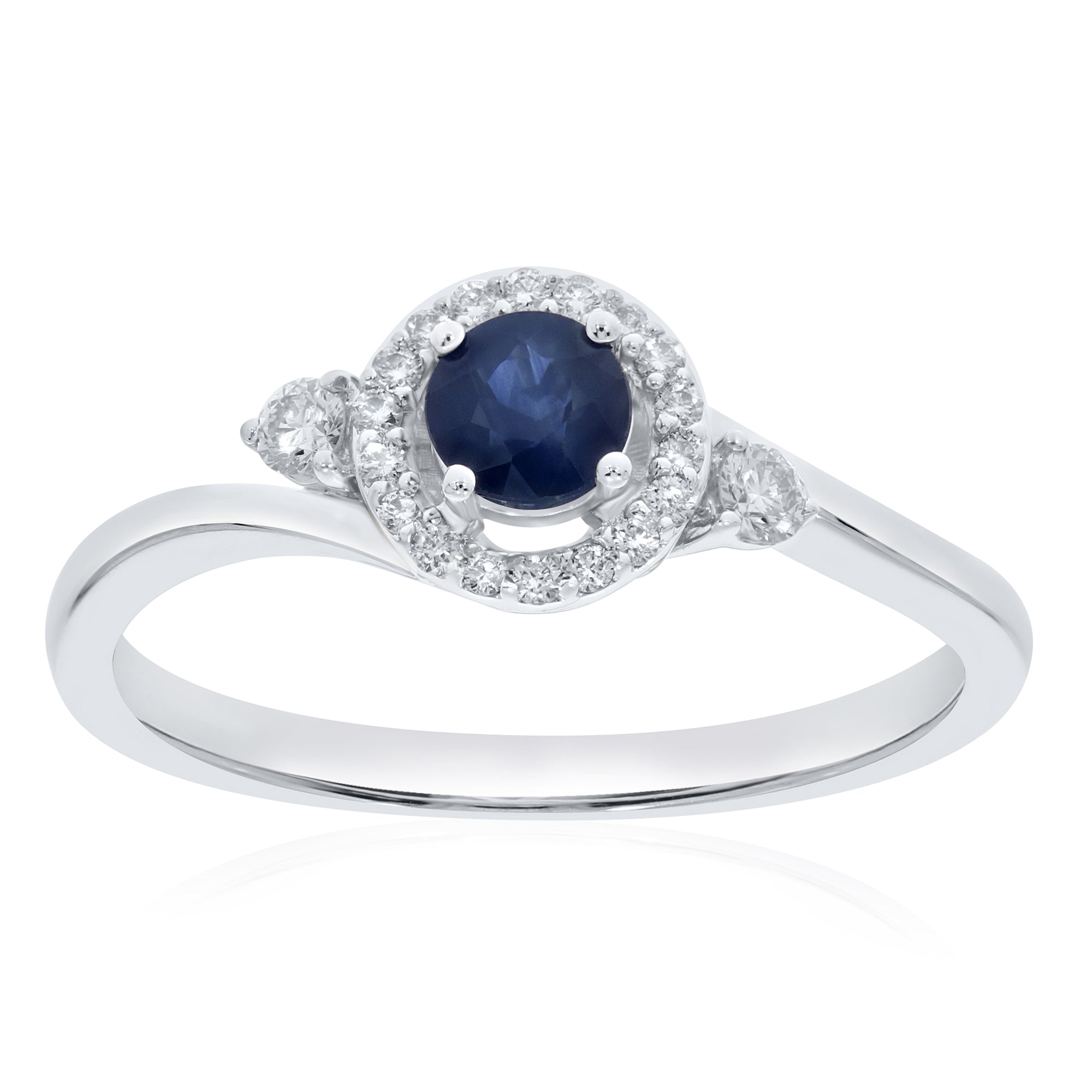 9ct white gold 4mm round sapphire & diamond halo cluster crossover ring 0.15ct
