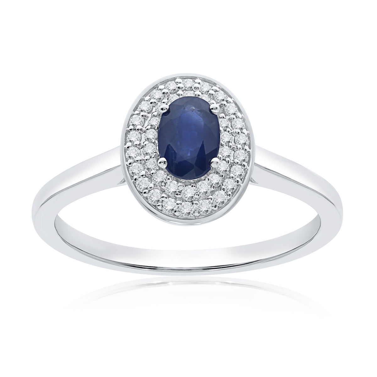 9ct white gold 6x4mm oval sapphire &amp; two row diamond cluster ring 0.20ct