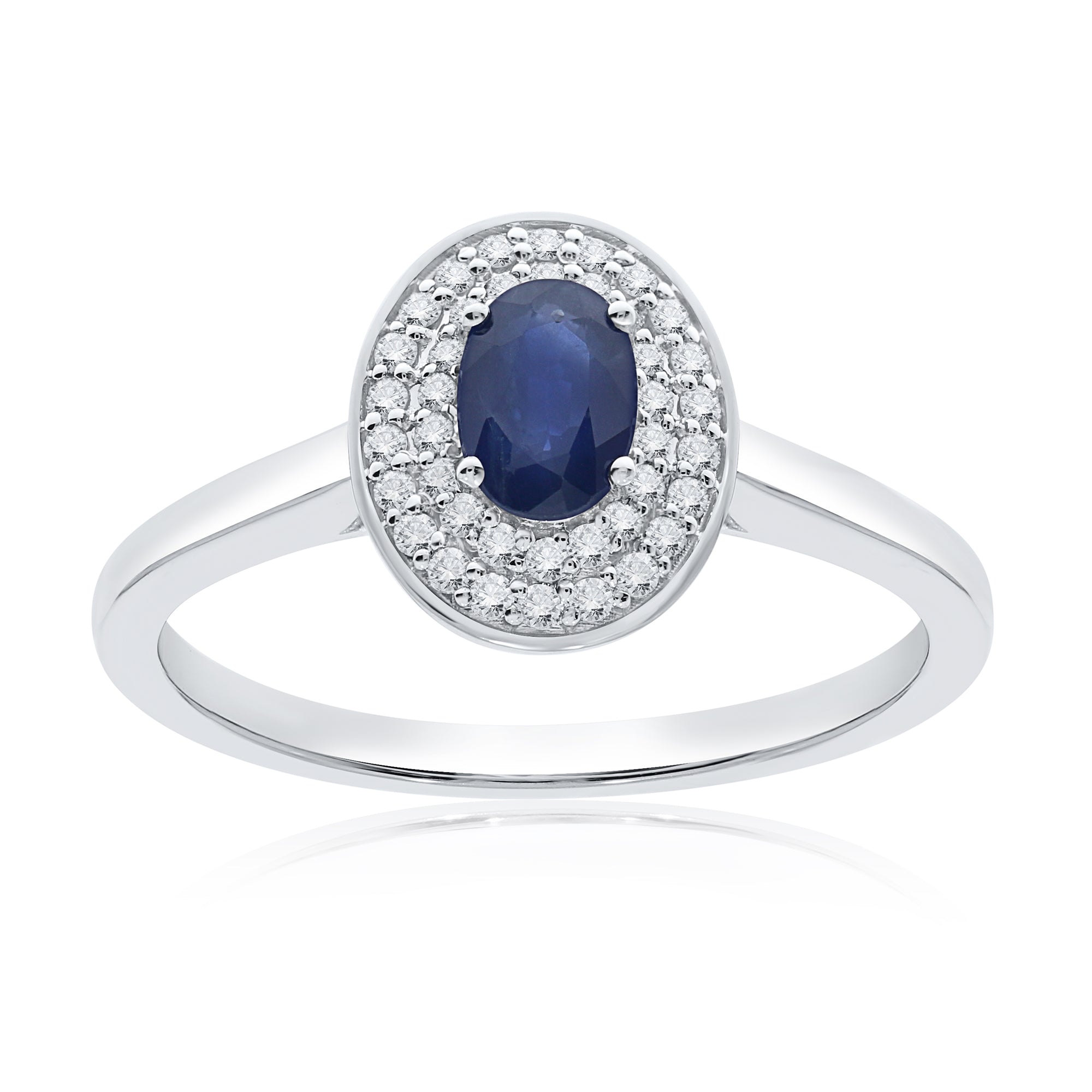 9ct white gold 6x4mm oval sapphire & two row diamond cluster ring 0.20ct