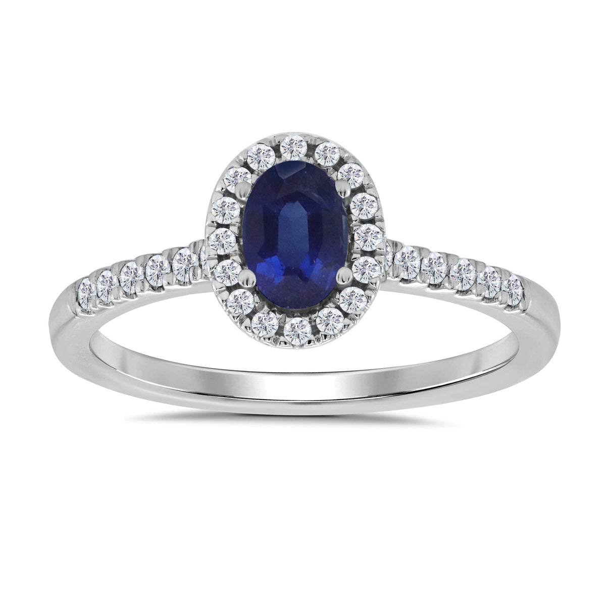 9ct white gold 6x4mm oval sapphire &amp; diamond cluster ring with diamond set shoulders 0.20ct