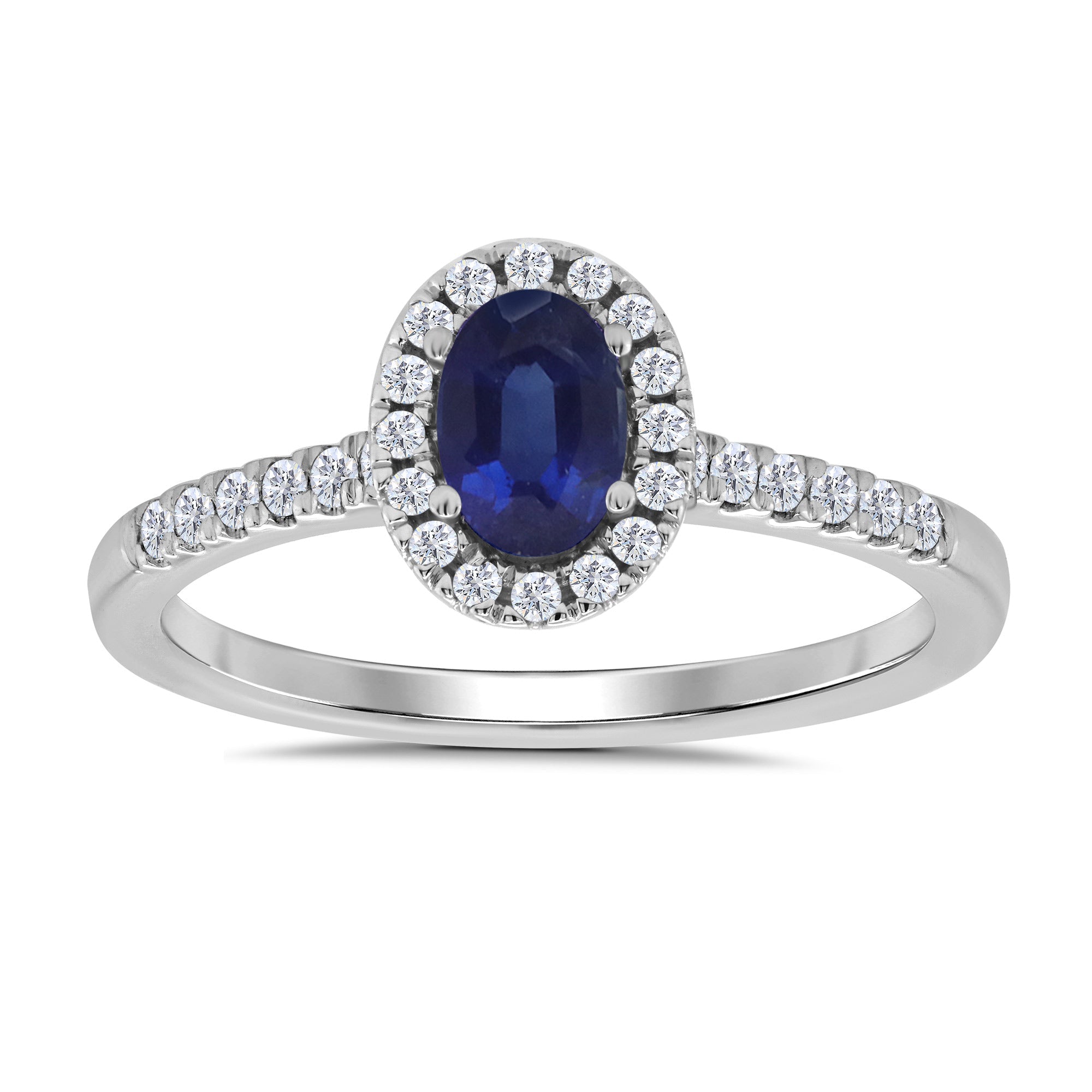 9ct white gold 6x4mm oval sapphire & diamond cluster ring with diamond set shoulders 0.20ct