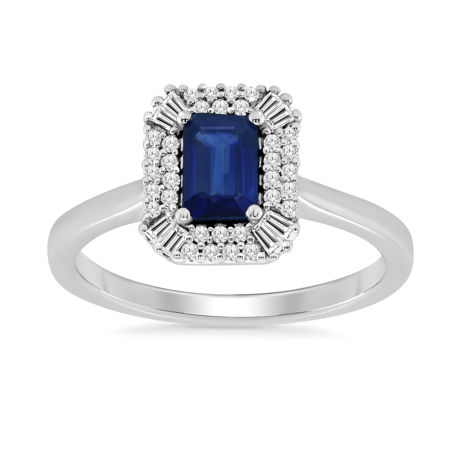 9ct white gold 6x4mm octagon sapphire & brilliant & baguette cut diamond cluster ring 0.20ct