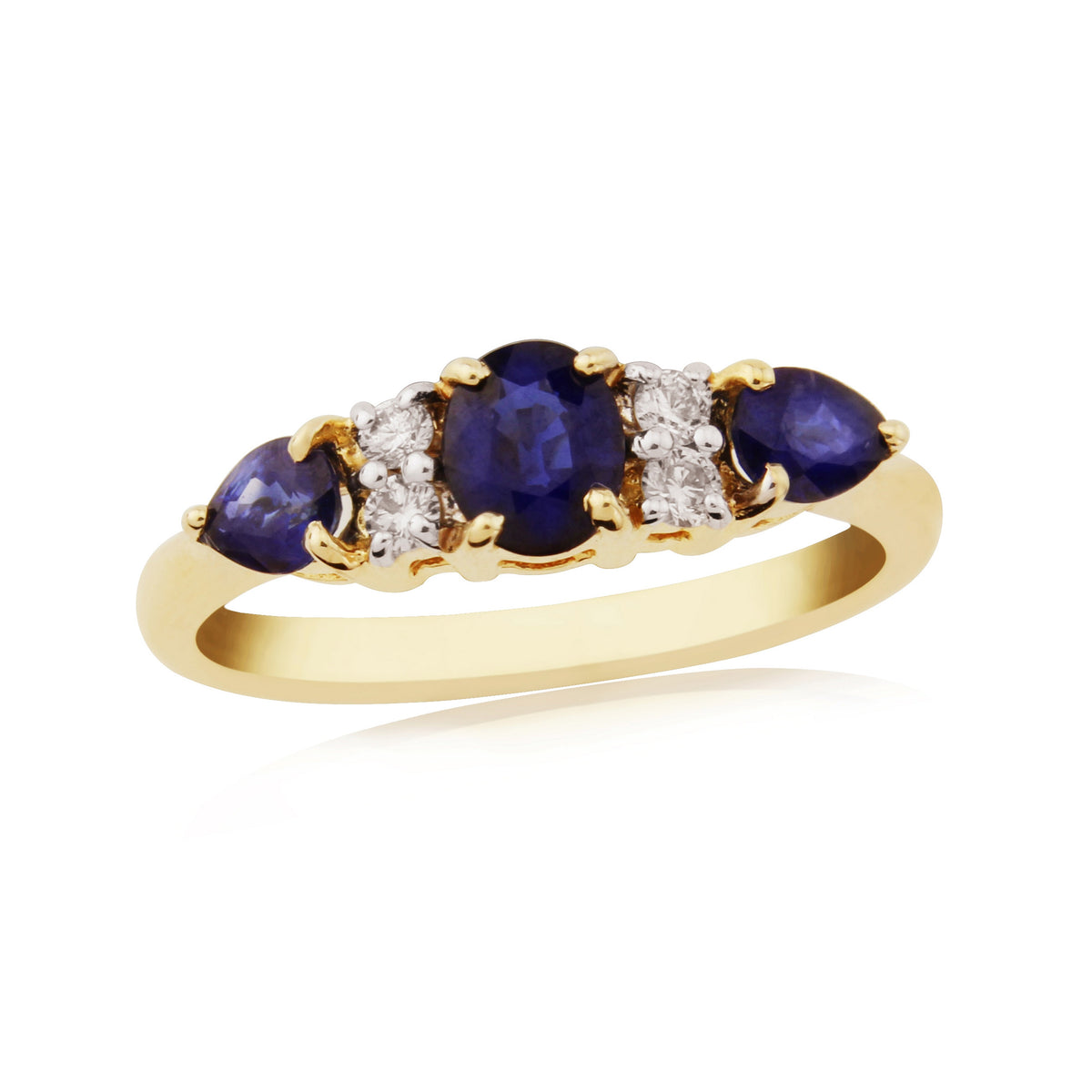 9ct 5x4mm oval sapphire with two 4x3mm pear shape sapphires &amp; diamond ring 0.11ct