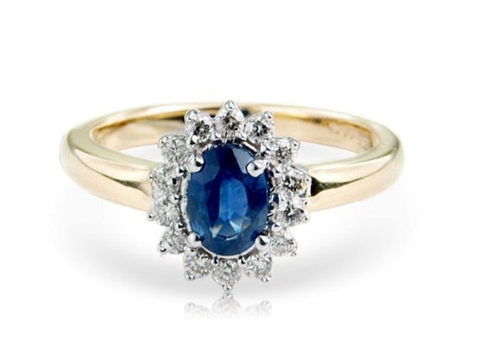 9ct gold 7x5mm oval sapphire &amp; diamond cluster ring 0.25ct