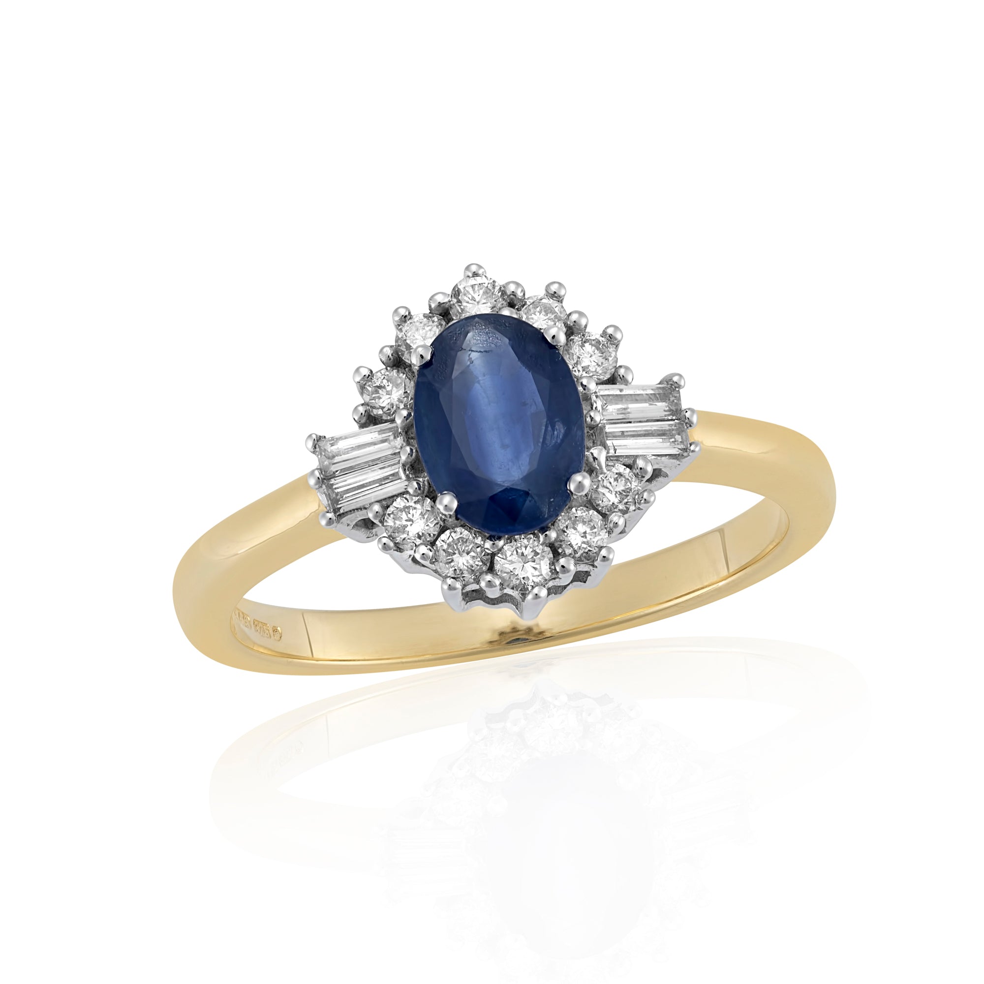 9ct gold 7x5mm oval sapphire & brilliant & baguette cut diamond cluster ring 0.33ct