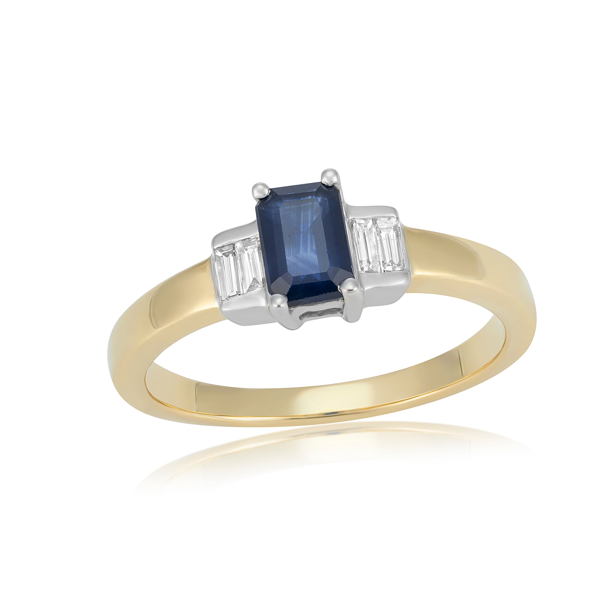 9ct gold 6x4mm octagon cut sapphire & baguette cut diamonds ring 0.11ct