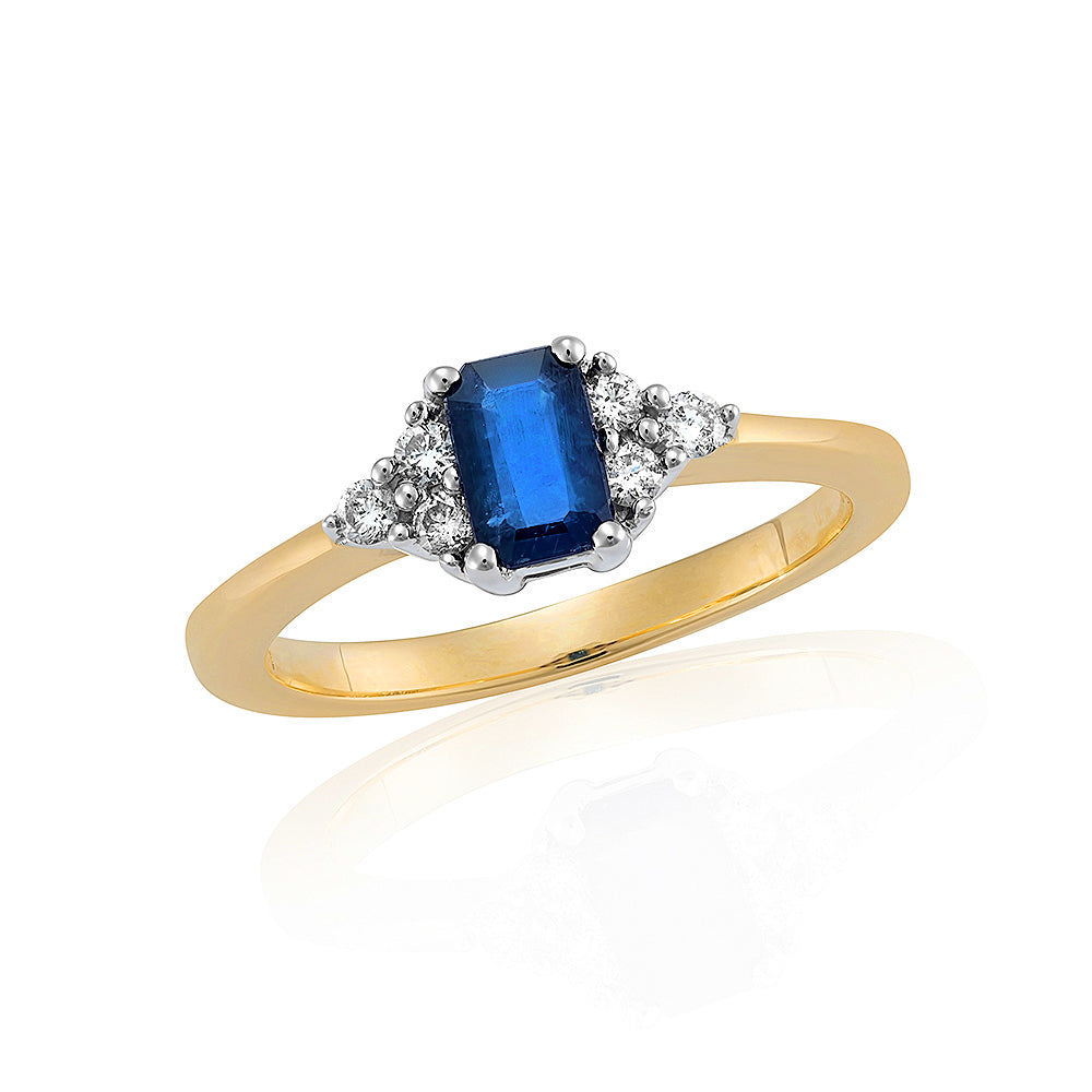 9ct gold 6x4mm octagon cut rsapphire &amp; three stone diamond shoulders ring 0.14ct