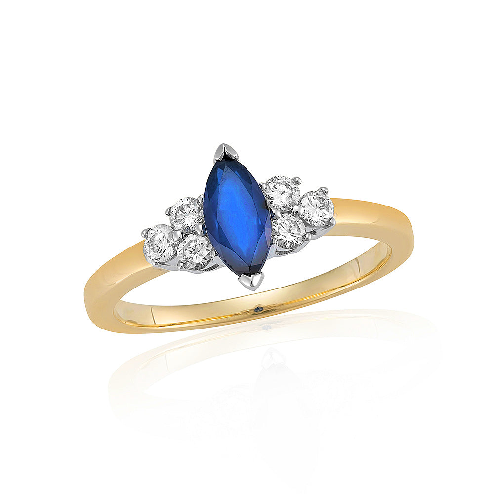 9ct gold 8x4mm marquise shape sapphire &amp; three stone diamond shoulders ring 0.25ct