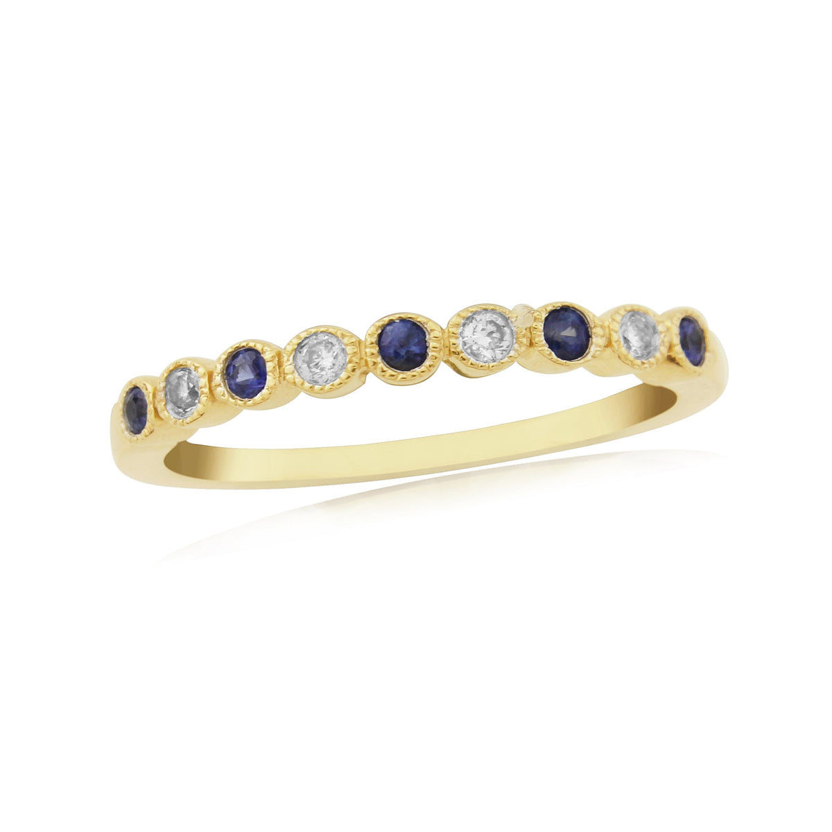 9ct gold 2.00mm sapphire &amp; diamond millgrain edge set half et ring 0.08ct