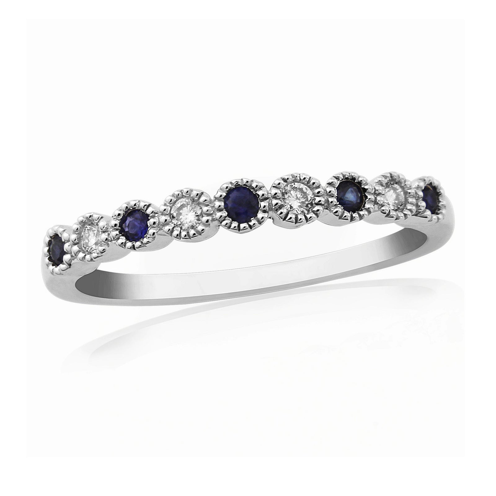 9ct white gold 2.00mm sapphire & diamond millgrain edge set half et ring 0.08ct