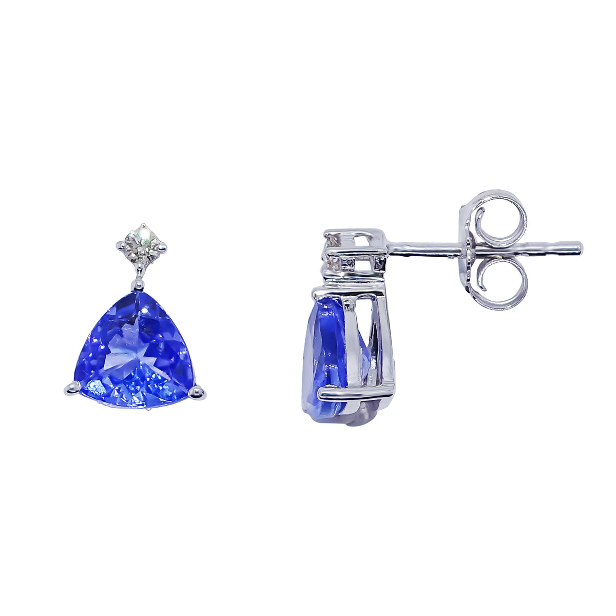 9ct white gold 6mm trillion cut tanzanite &amp; diaond stud earrings 0.05ct