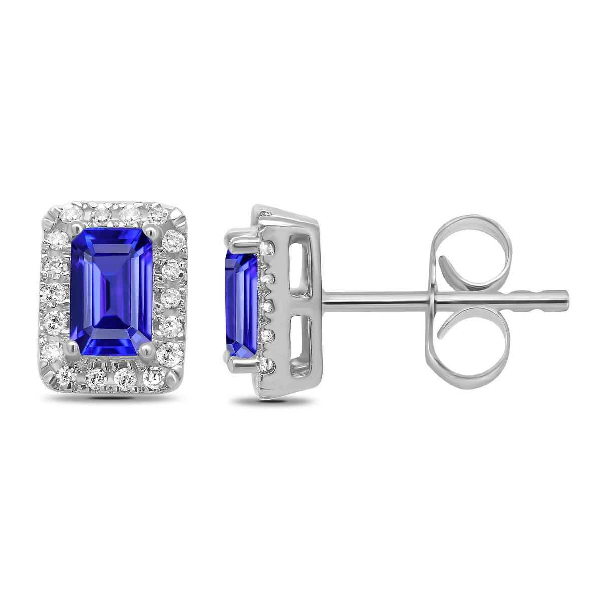 9ct white gold 5x3mm octagon cut tanzanite &amp; diamond cluster studs 0.12ct