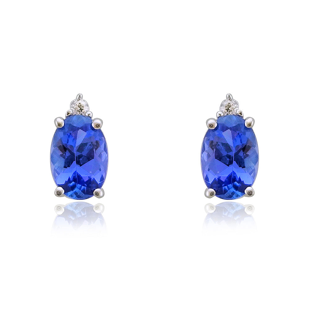 9ct white gold 6x4mm oval tanzanite &amp; diamond stud earrings 0.02ct