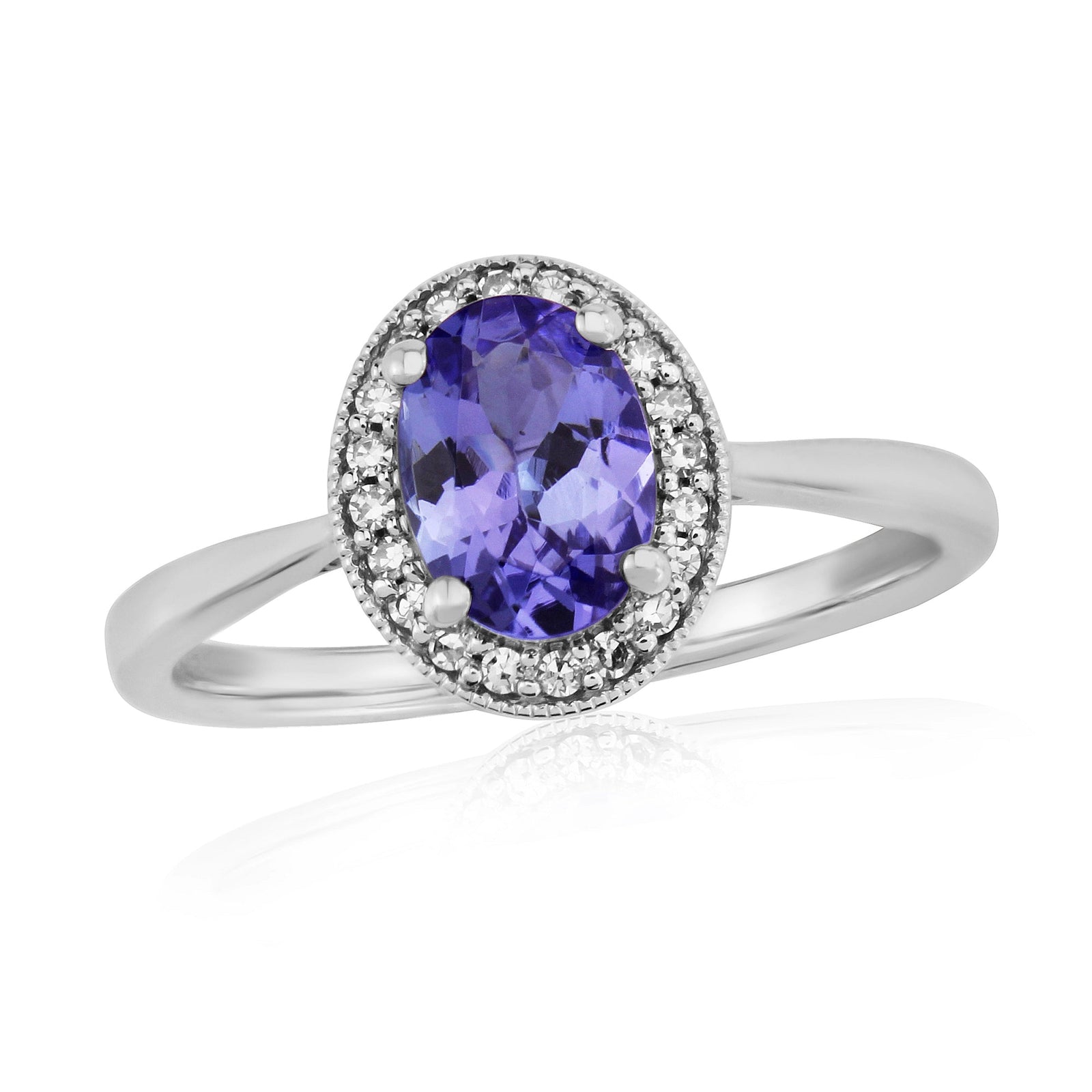 9ct white gold 7x5mm oval tanzanite & diamond cluster ring 0.06ct