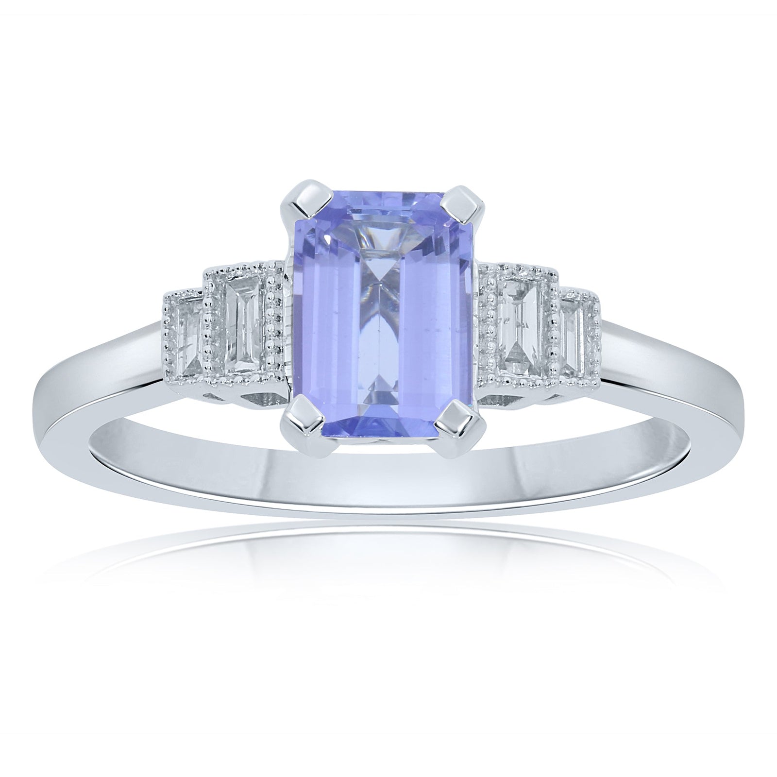 9ct white gold 7x5mm octagon cut tanzanite & stepped diamond shoulders ring 0.11ct