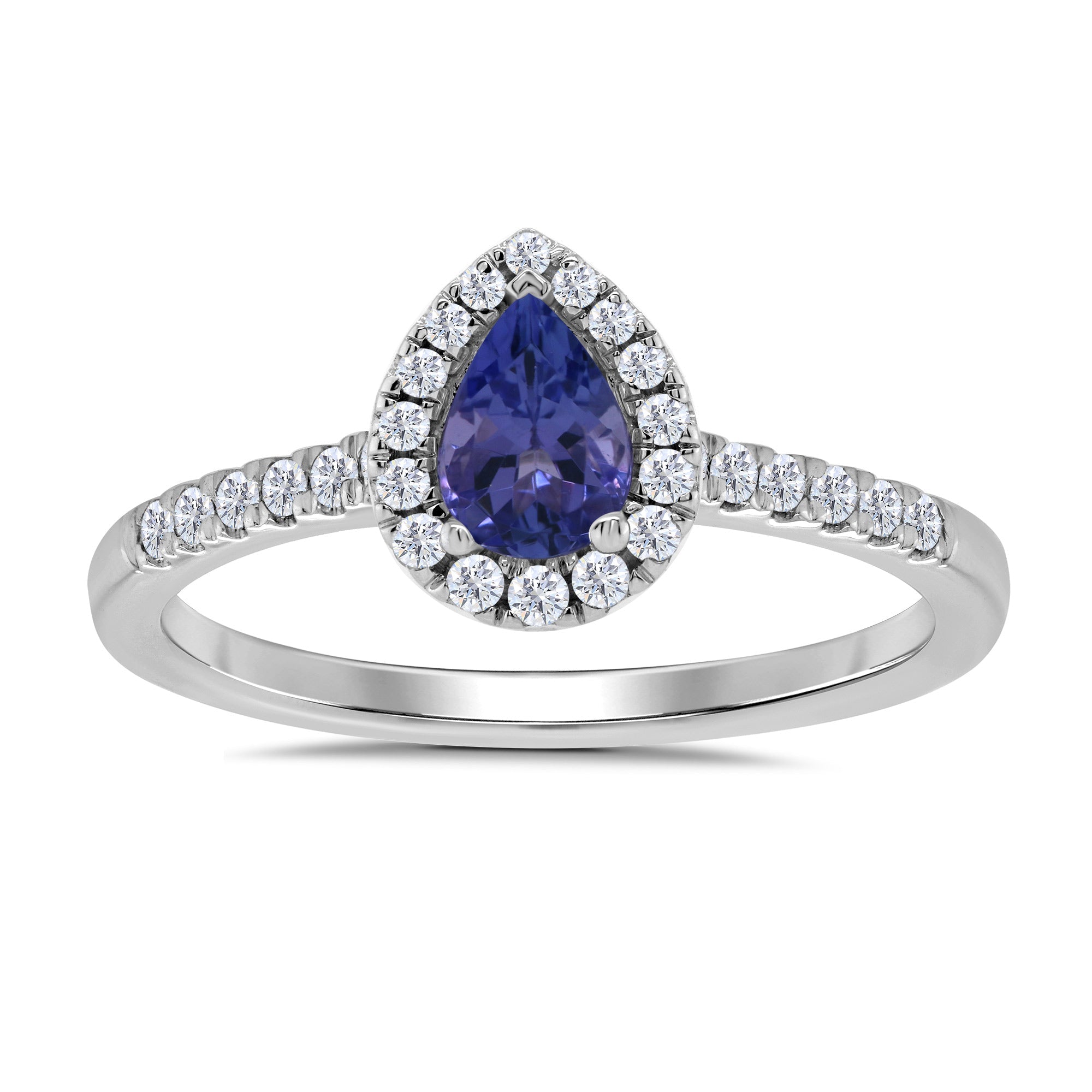 9ct white gold 6x4mm pear shape tanzanite & diamond cluster ring with diamond set shoulders 0.20ct