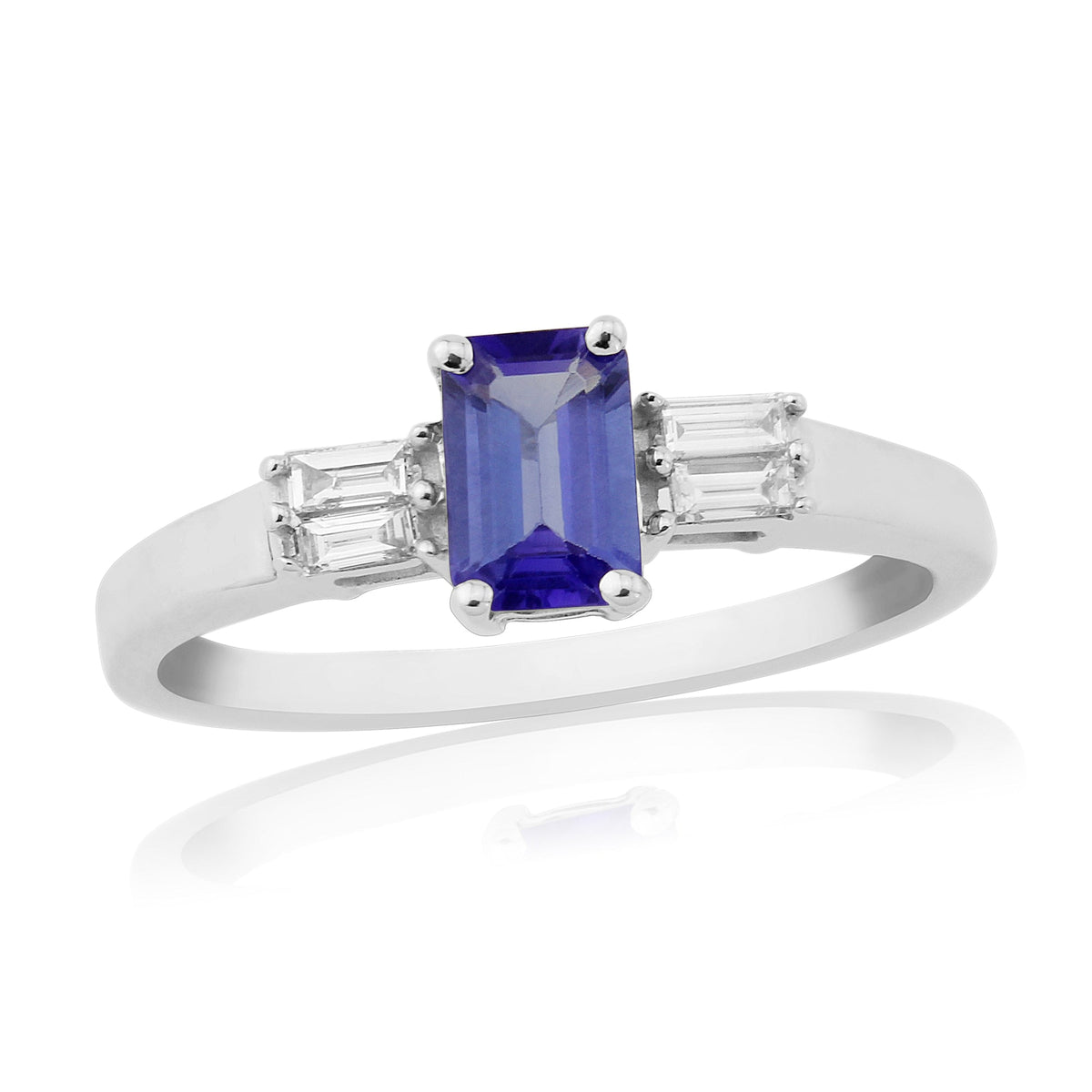 9ct white gold 6x4mm octagon cut tanzanite &amp; baguette diamond shoulders ring 0.12ct