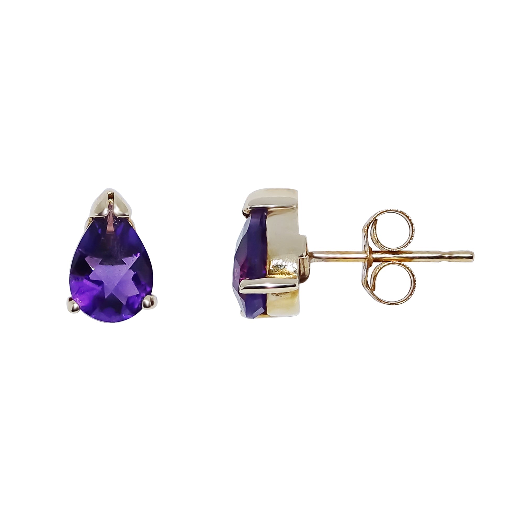 9ct gold checkerboard cut 7x5mm pear shape amethyst stud earrings