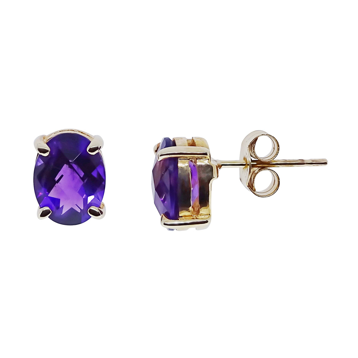 9ct gold checkerboard 8x6mm oval amethyst stud earrings